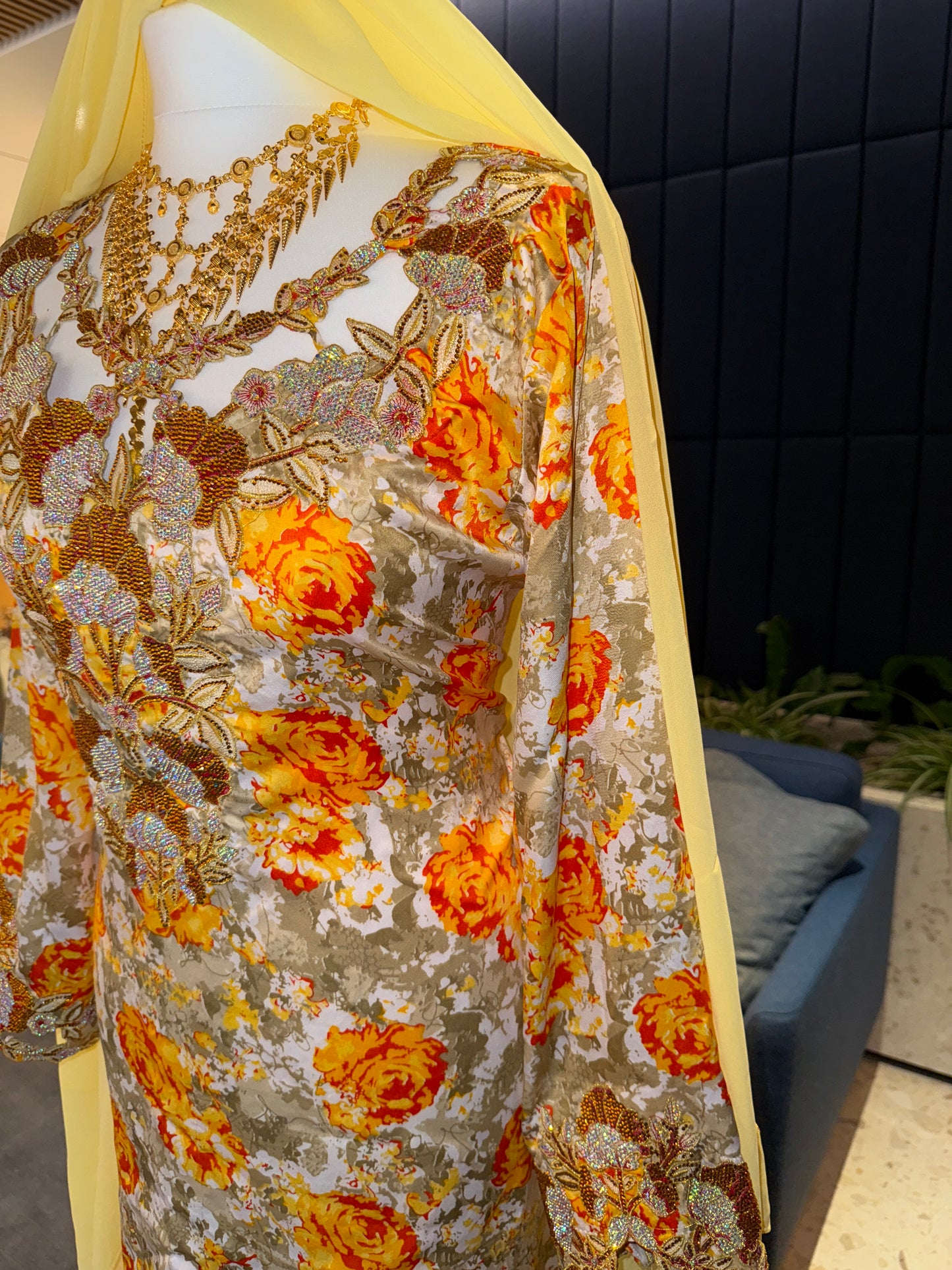 Orange and yellow mkhawar with matching Sheila hijab