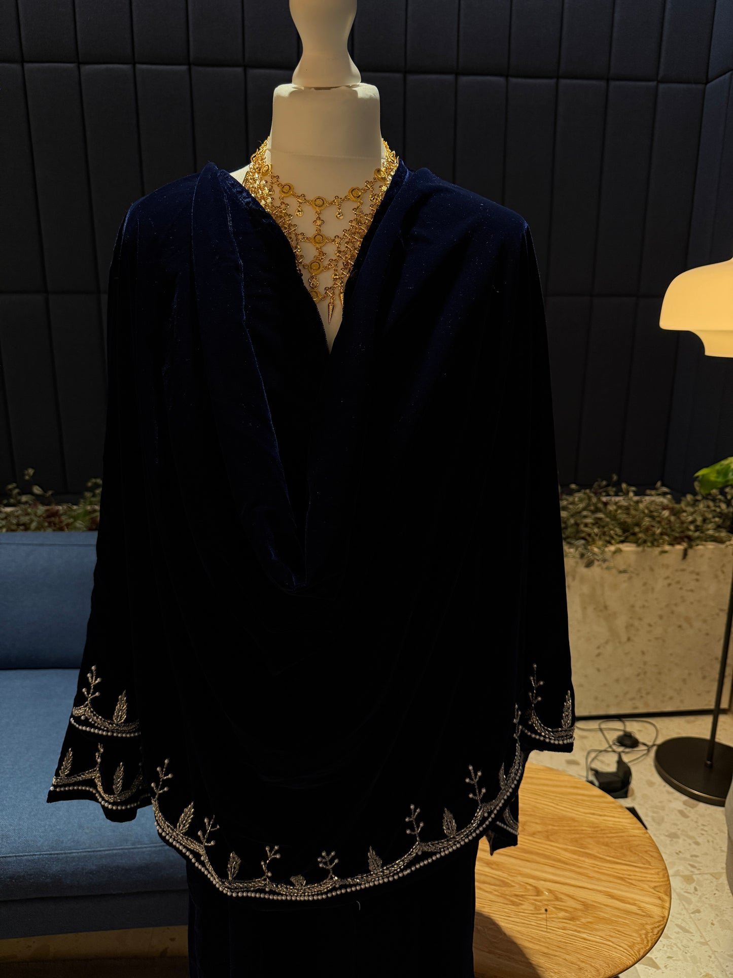Dark blue Velvet abaya, handmade with attached scarf