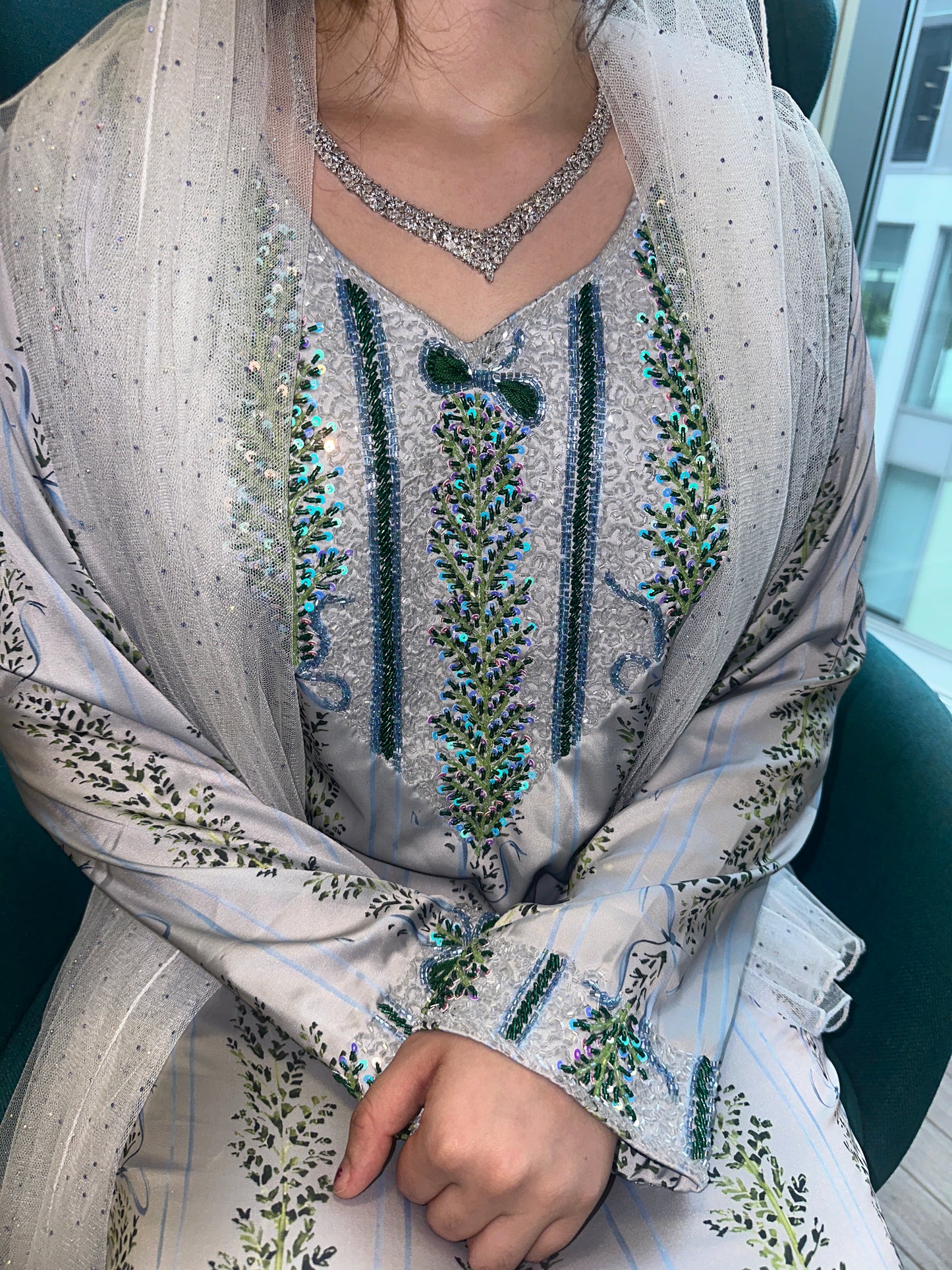 Blue and grey beaded, pure silk mkhawar