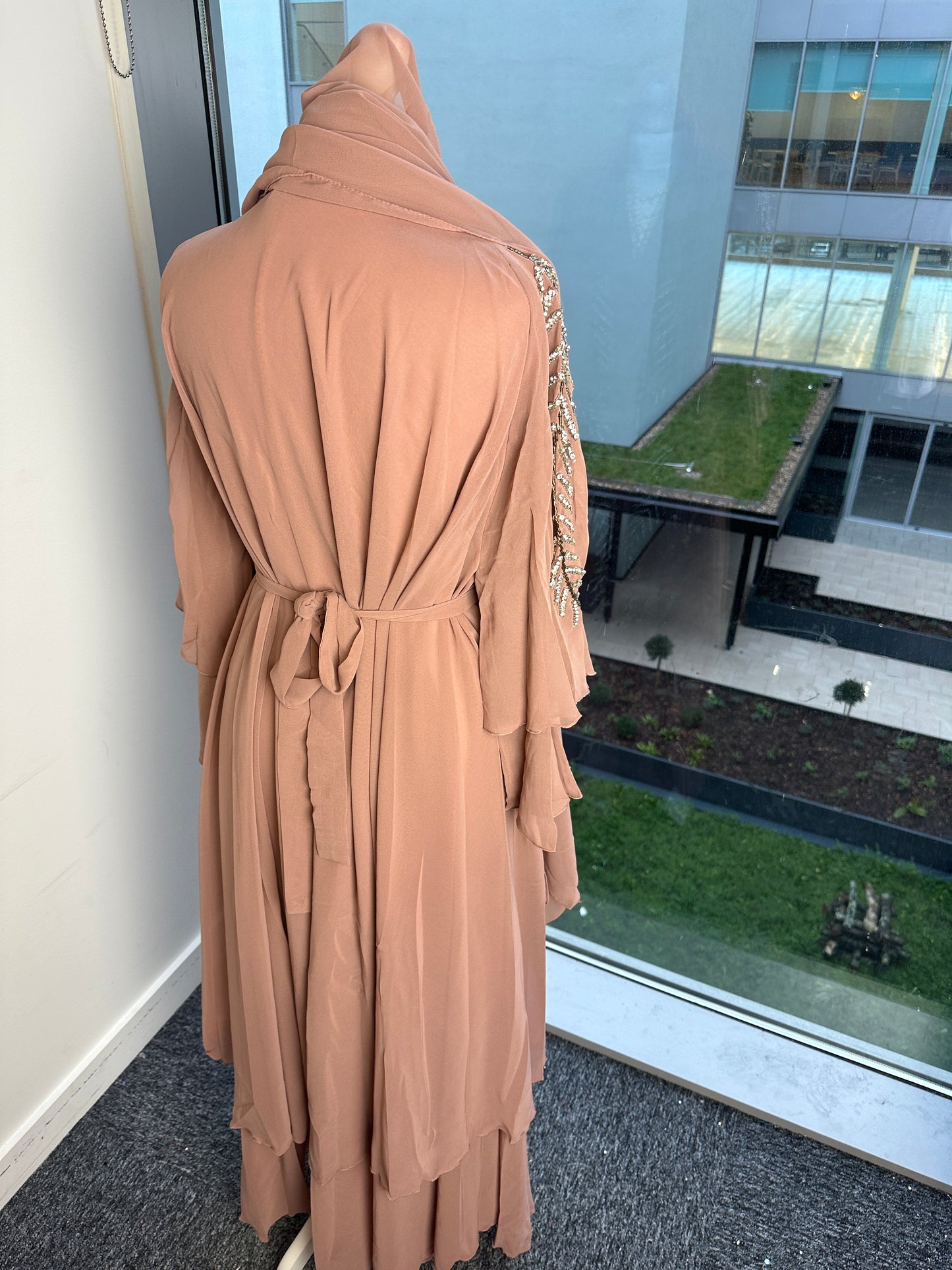 Mauve double chiffon abaya with belt and matching Sheila