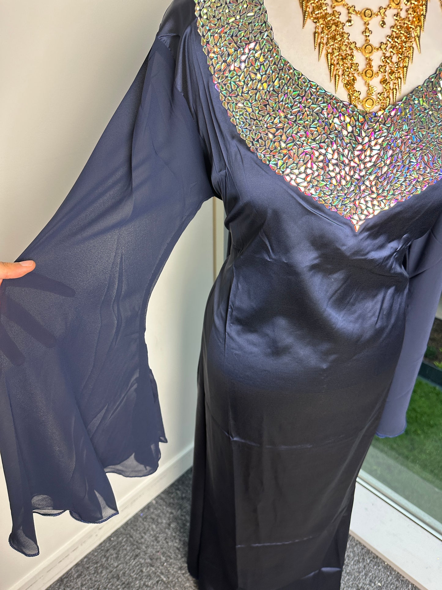 Navy blue low cut silk dress with chiffon sleeves with pockets