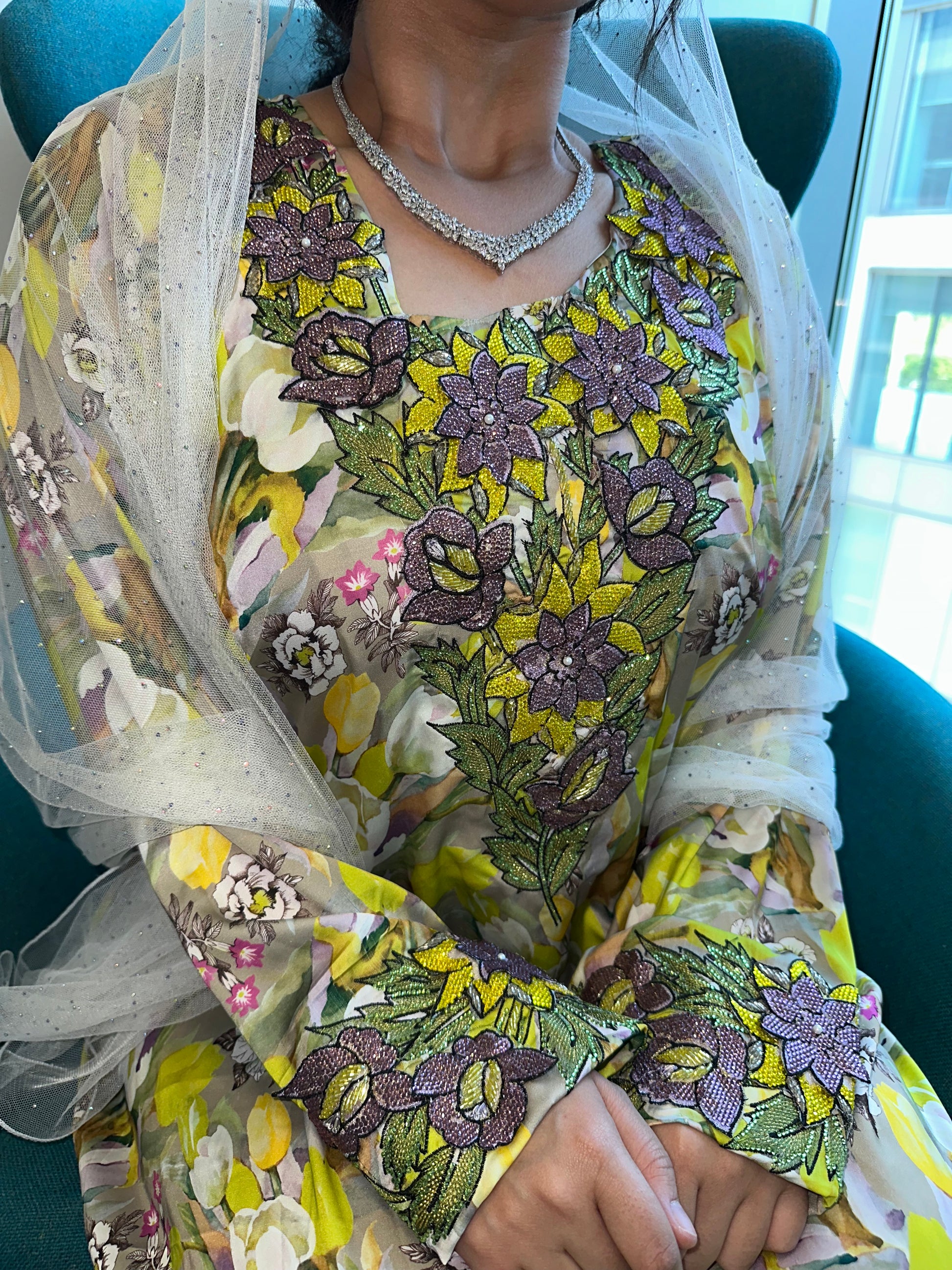 Green and purple mkhawar pure silk mkhawar