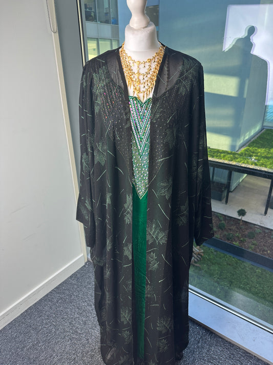 Green leaf chiffon winged sleeve abaya with matching Sheila