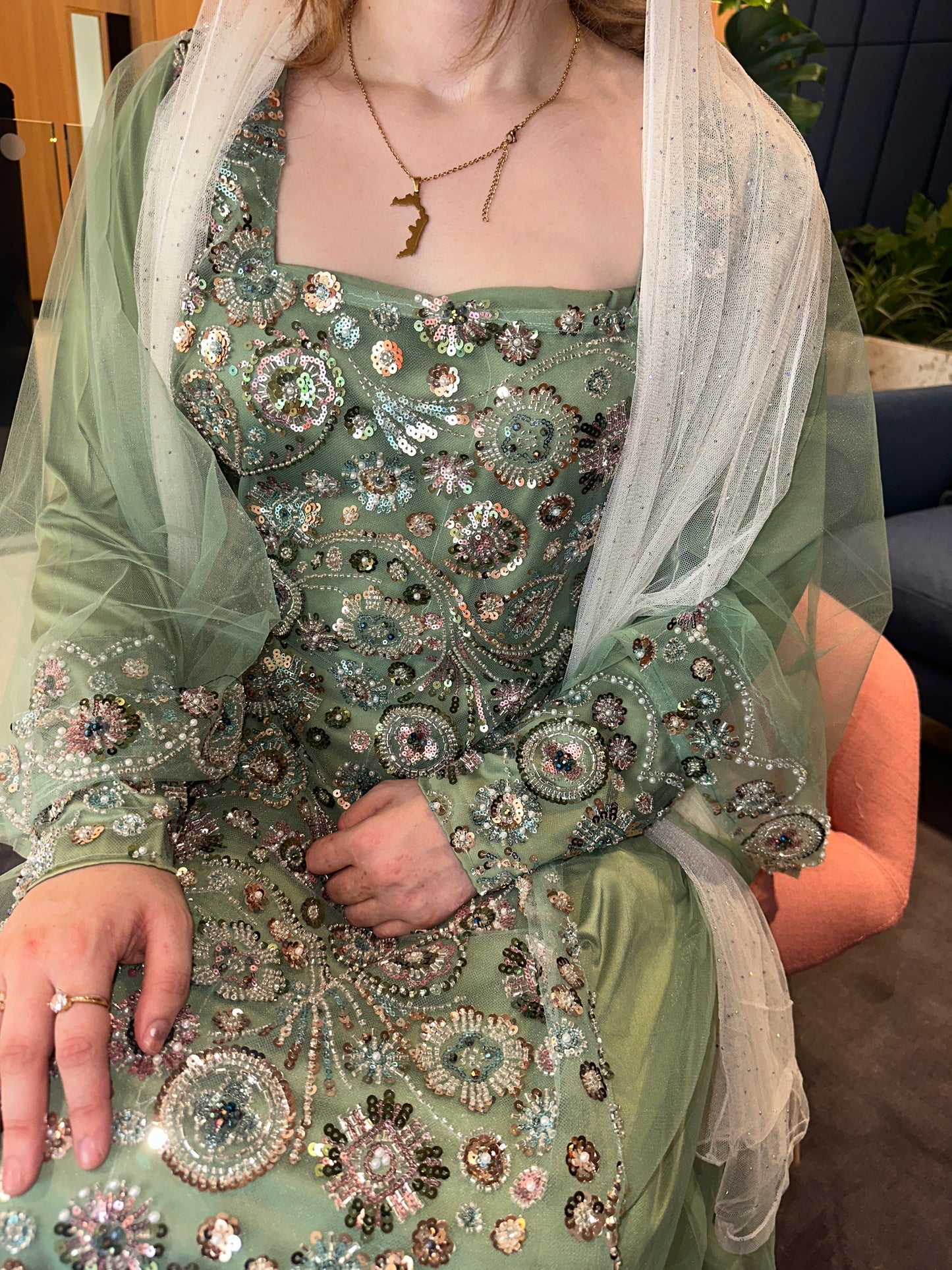Pink, black and green Emirates Thobe with chiffon Sheila