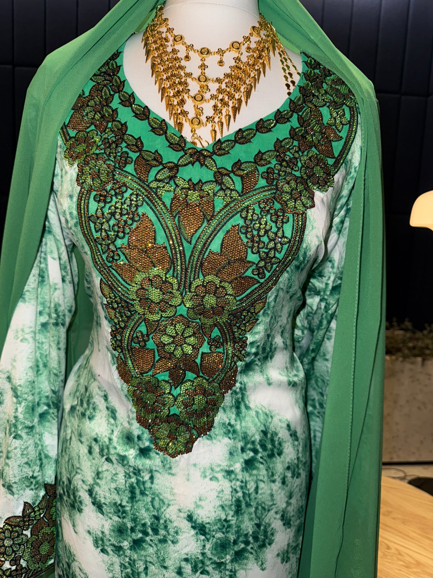 Green mukhawar with hijab and corset back