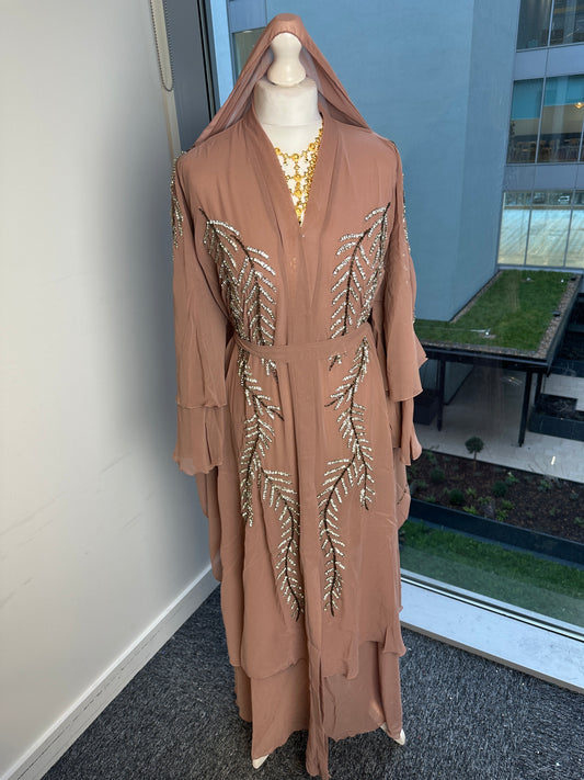 Mauve double chiffon abaya with belt and matching Sheila