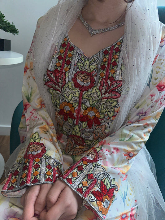 Red flowers beaded, pure silk mkhawar