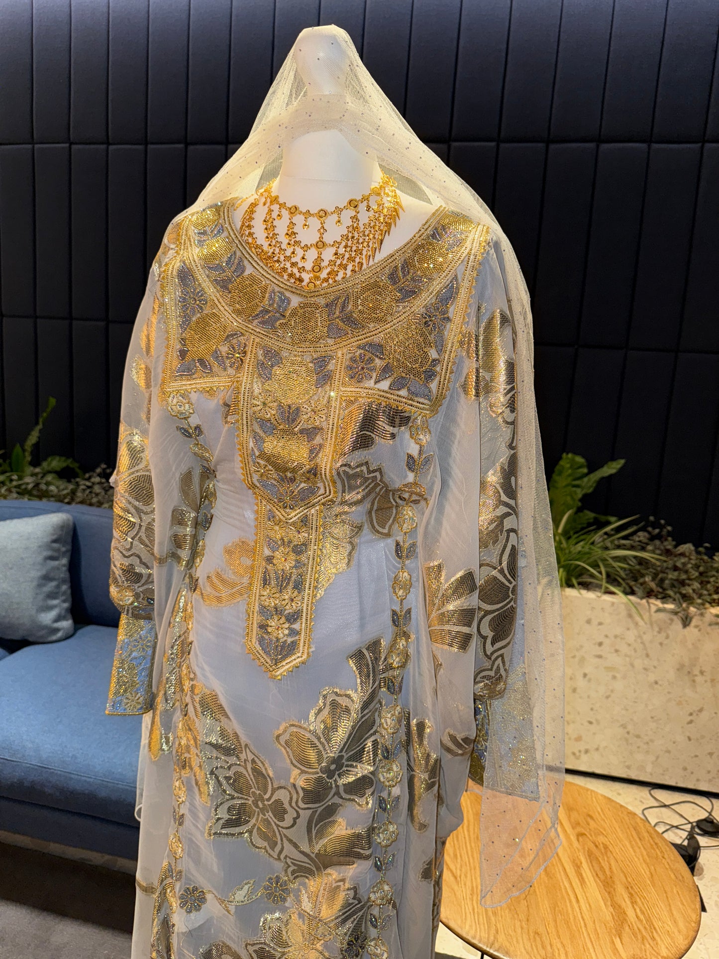 Grey/blue sky Emirati Thobe two pieces with belt inside