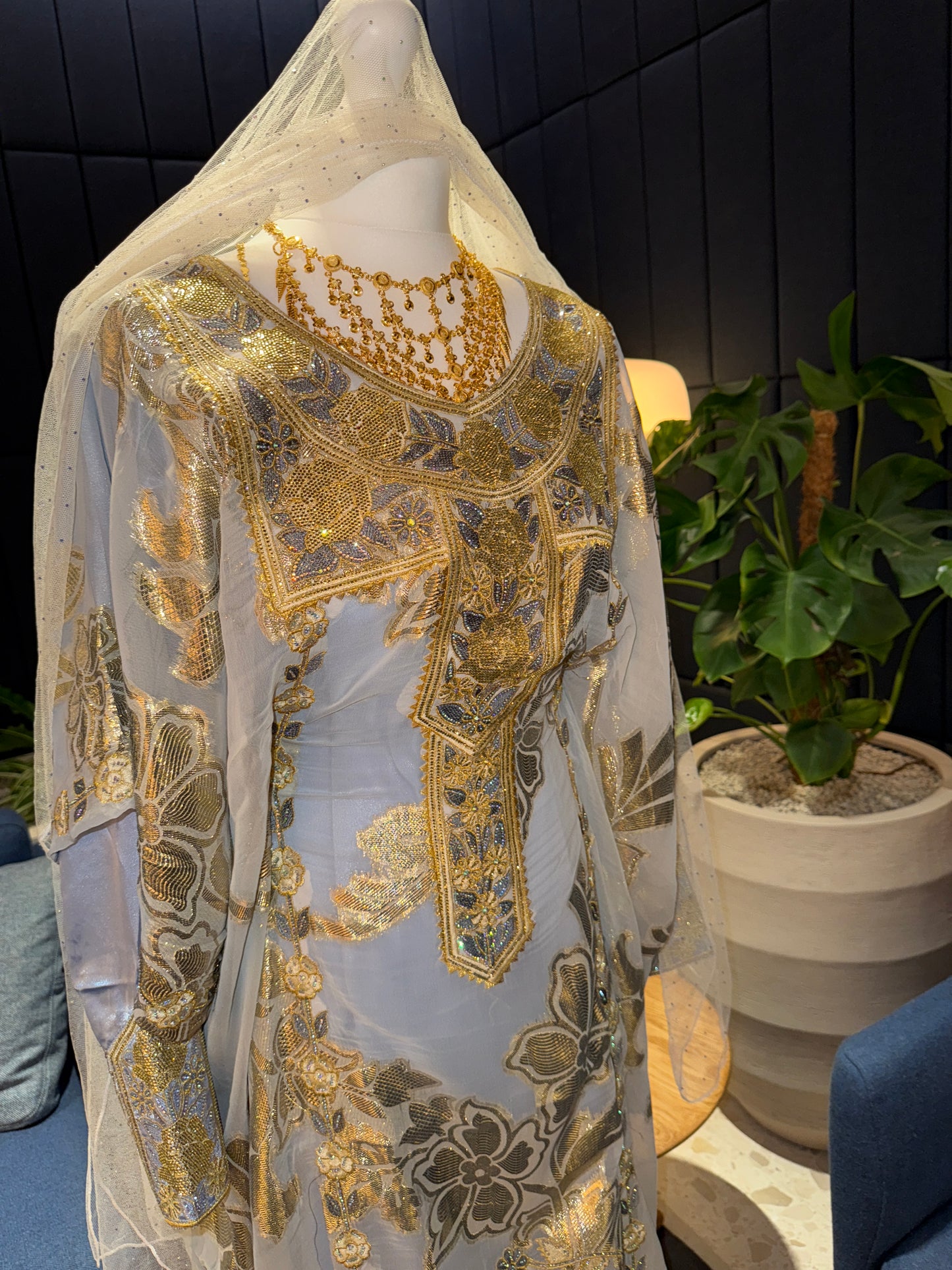 Grey/blue sky Emirati Thobe two pieces with belt inside