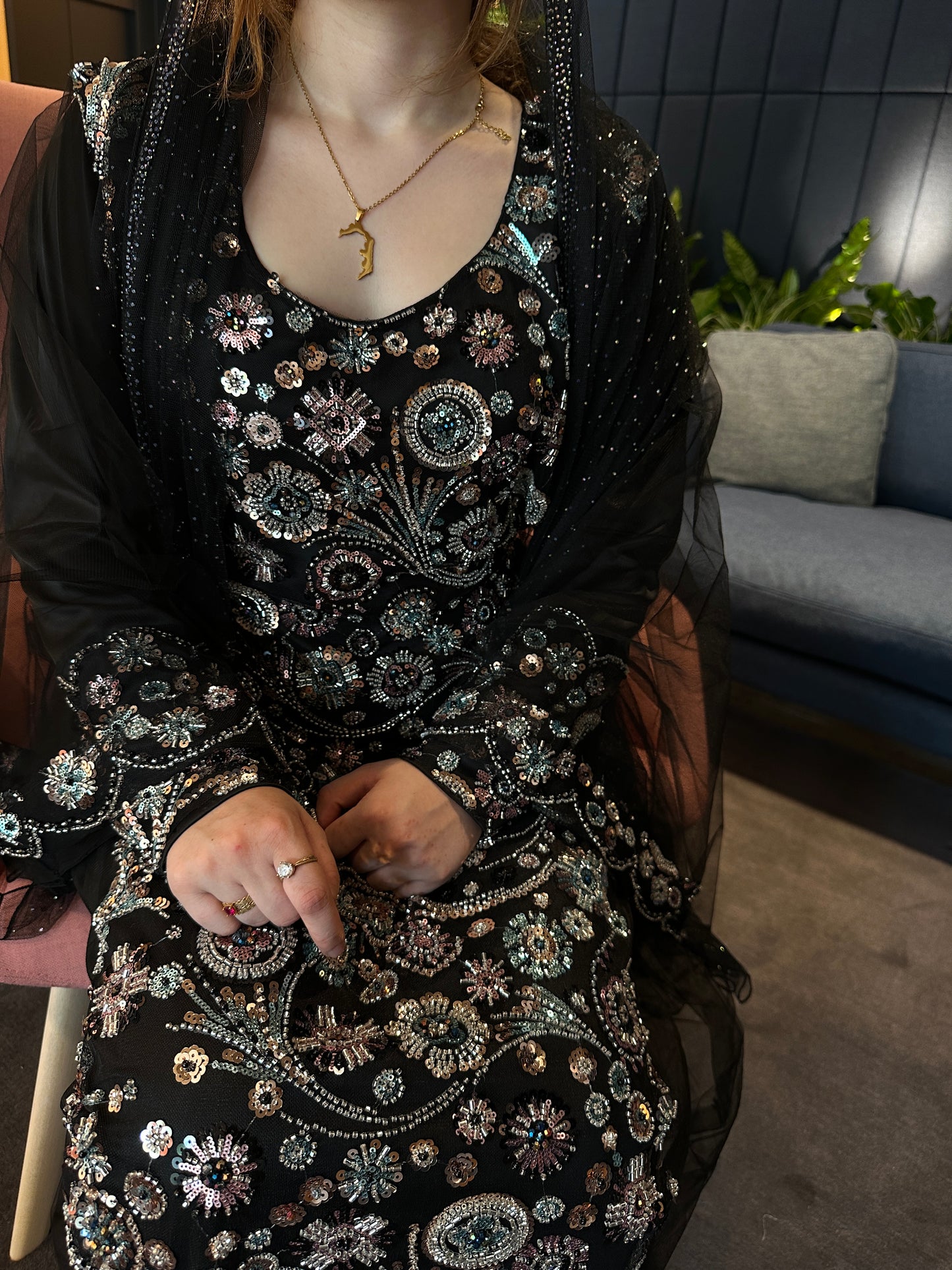 Pink, black and green Emirates Thobe with chiffon Sheila