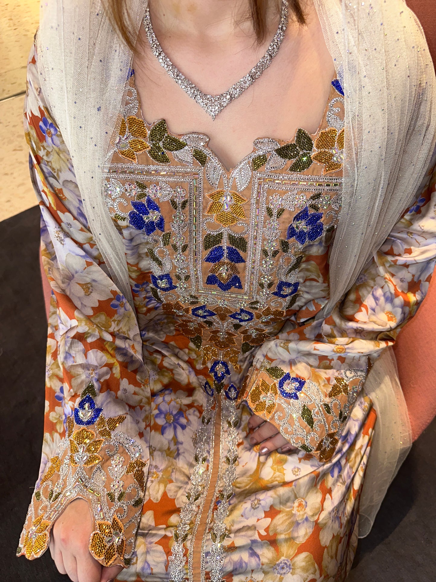 Cream Laila pure silk mkhwar with corset back and hachiyah with white chiffon Sheila