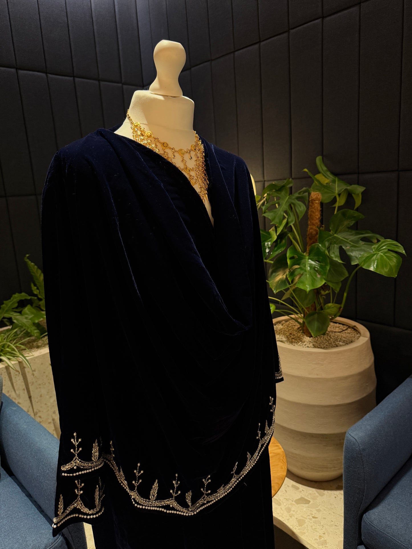 Dark blue Velvet abaya, handmade with attached scarf