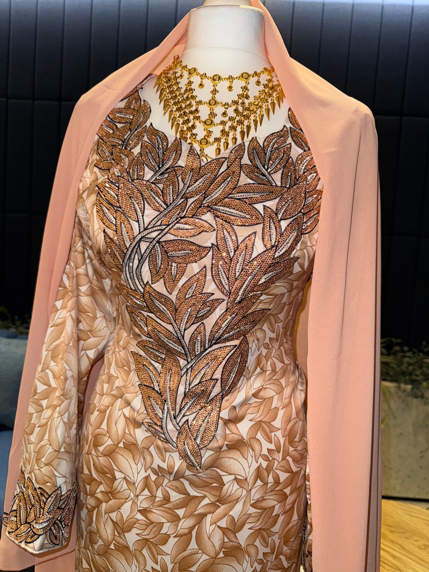 Peach mukhawar with hijab and corset back