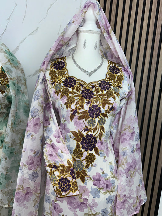 Purple mkhawar with matching Sheila and Arabic sleeves