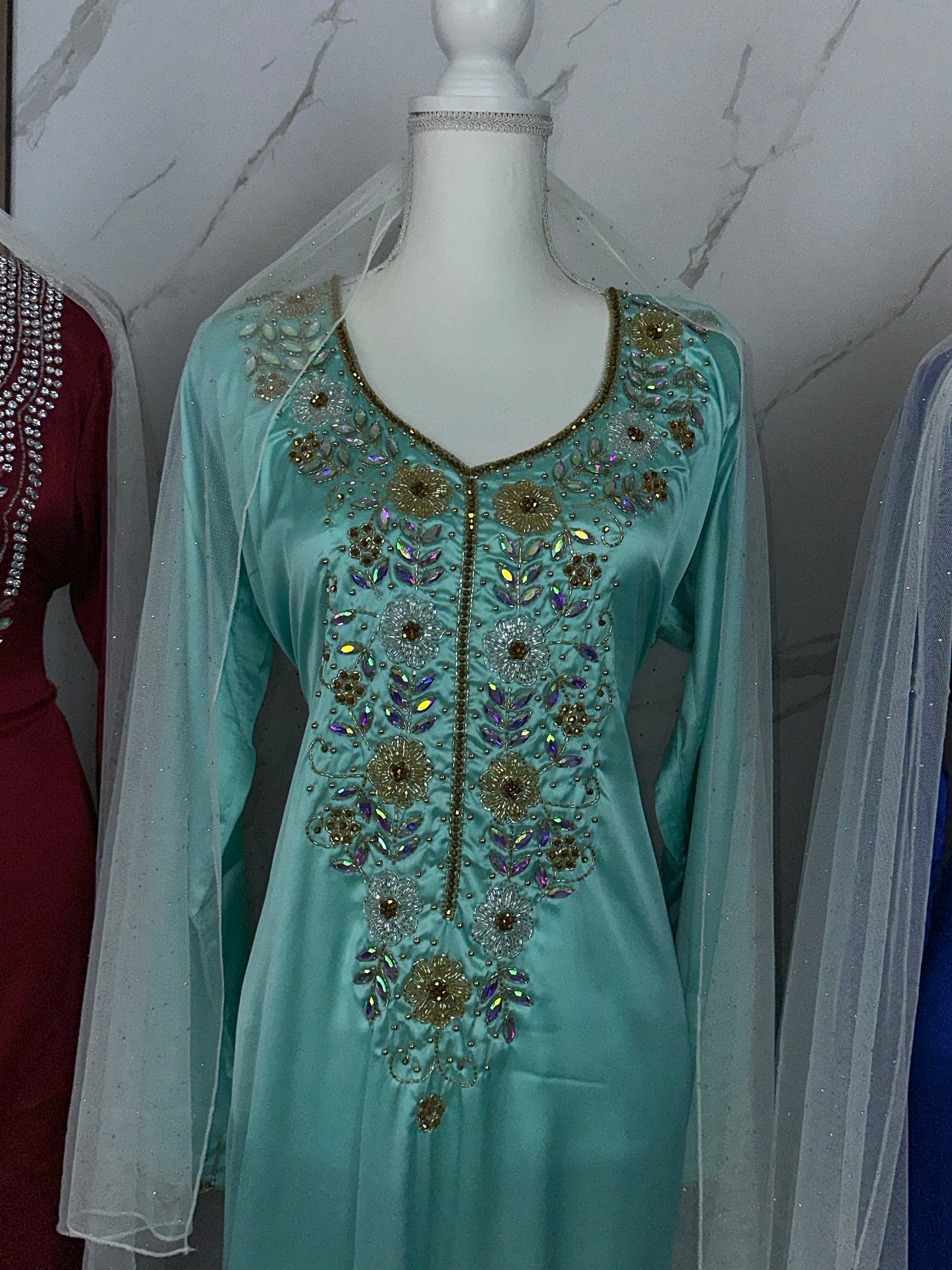 Teal color mkhawar handmade work wit creamy Sheila