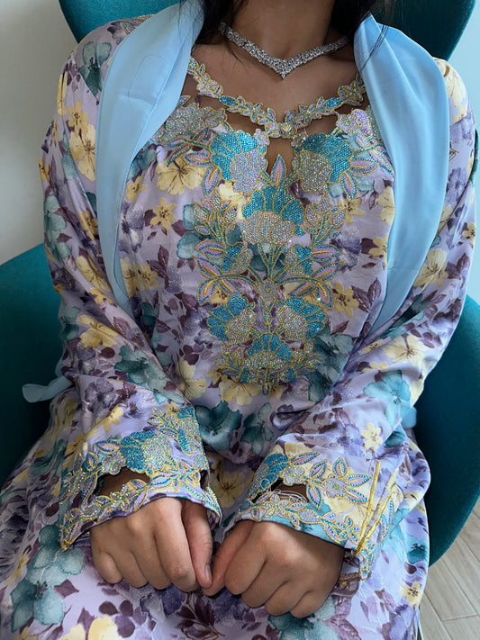 Purple and blue mkhawar with matching Shiela