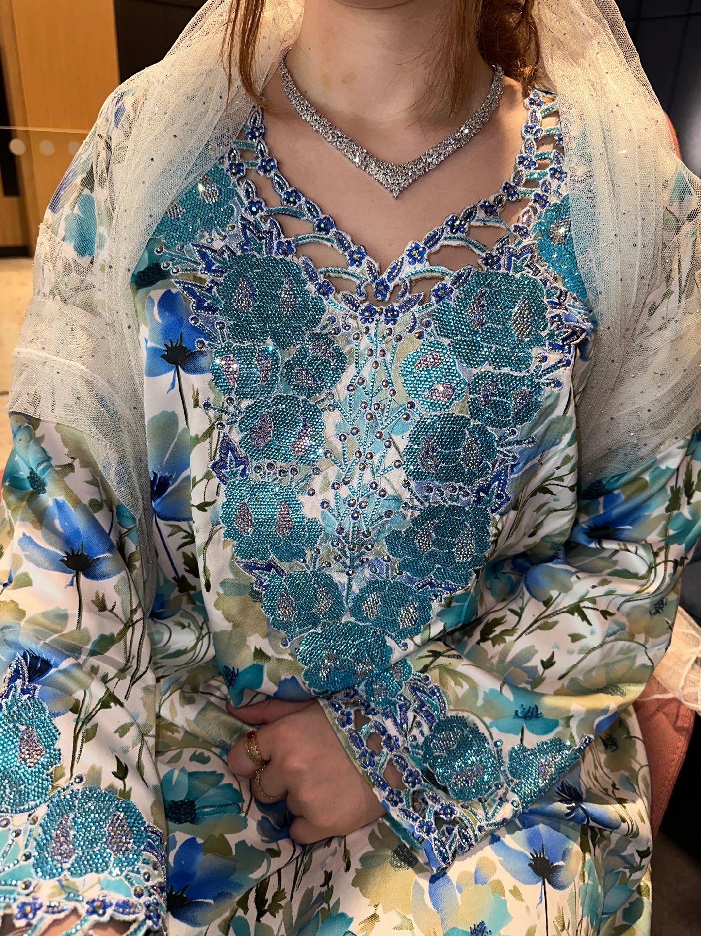 Pink, green. Turquoise and orange mukhawar