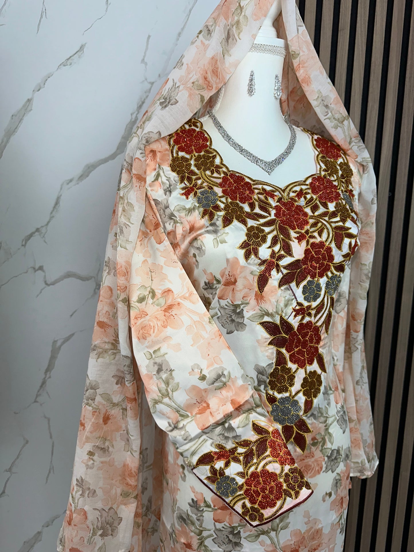 Orange and white mukhawar with matching Sheila and Arabic sleeves