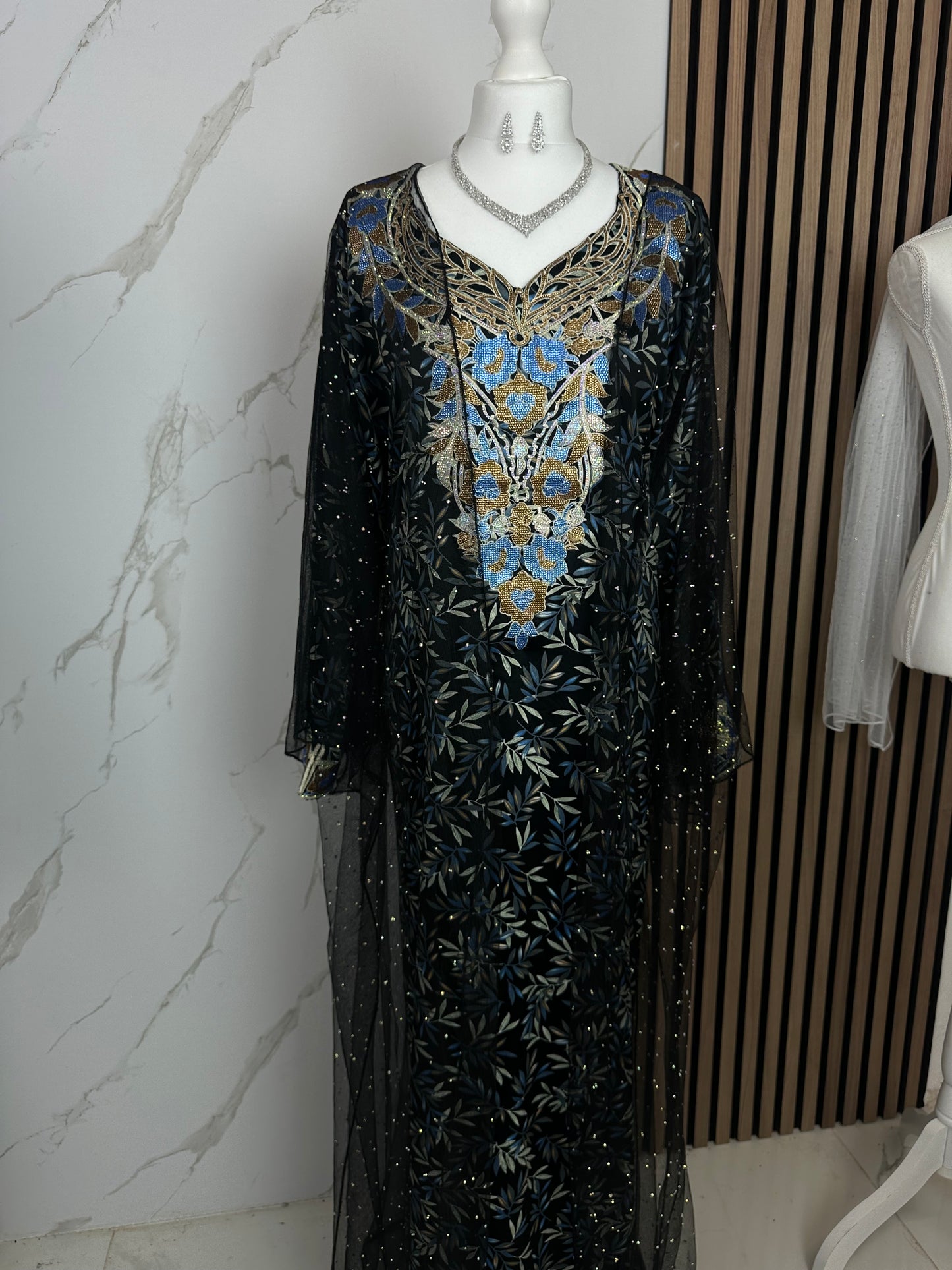 Black and blue mkhawar with black chiffon abaya