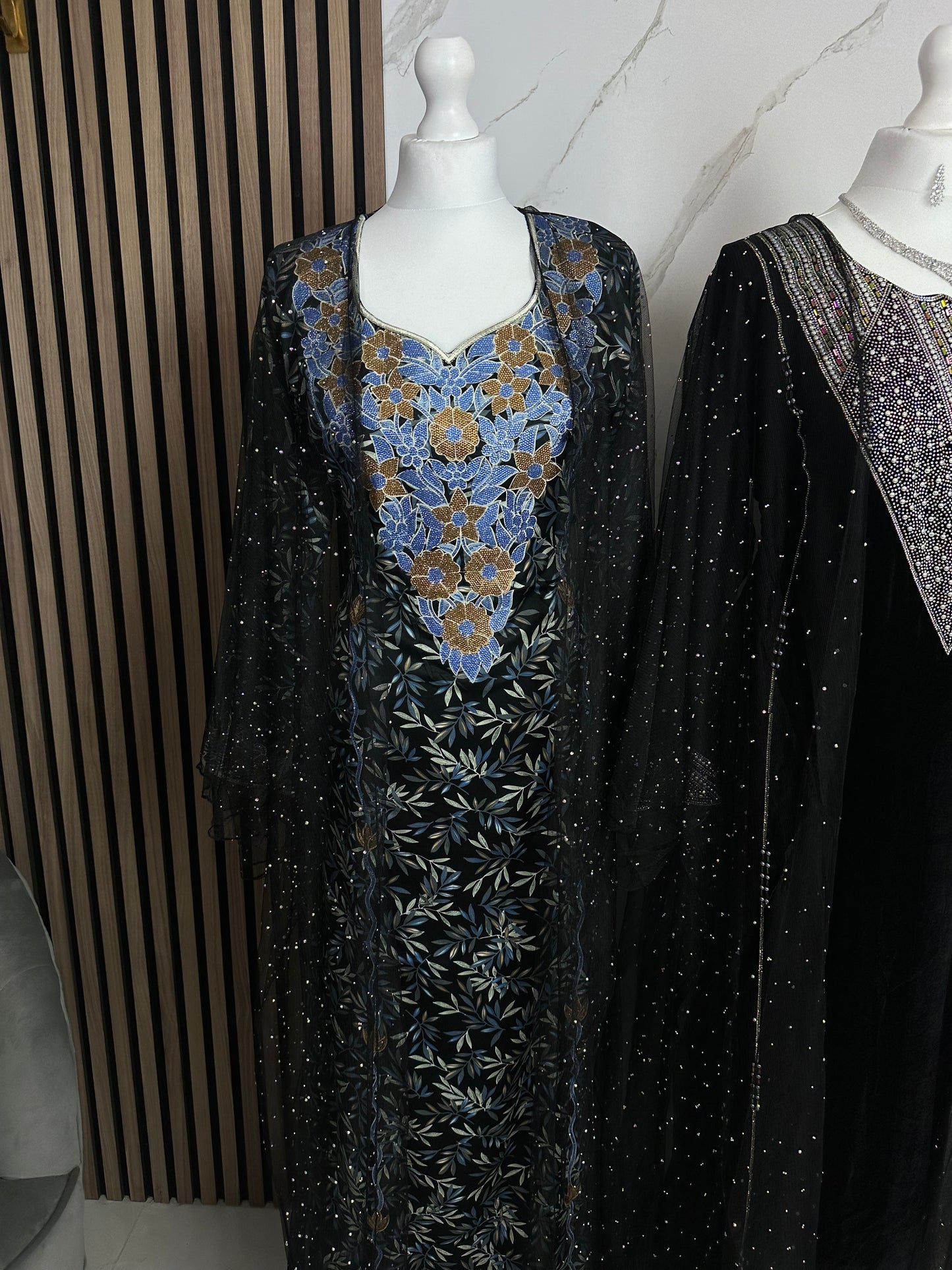 Black and blue mkhawar with black chiffon abaya