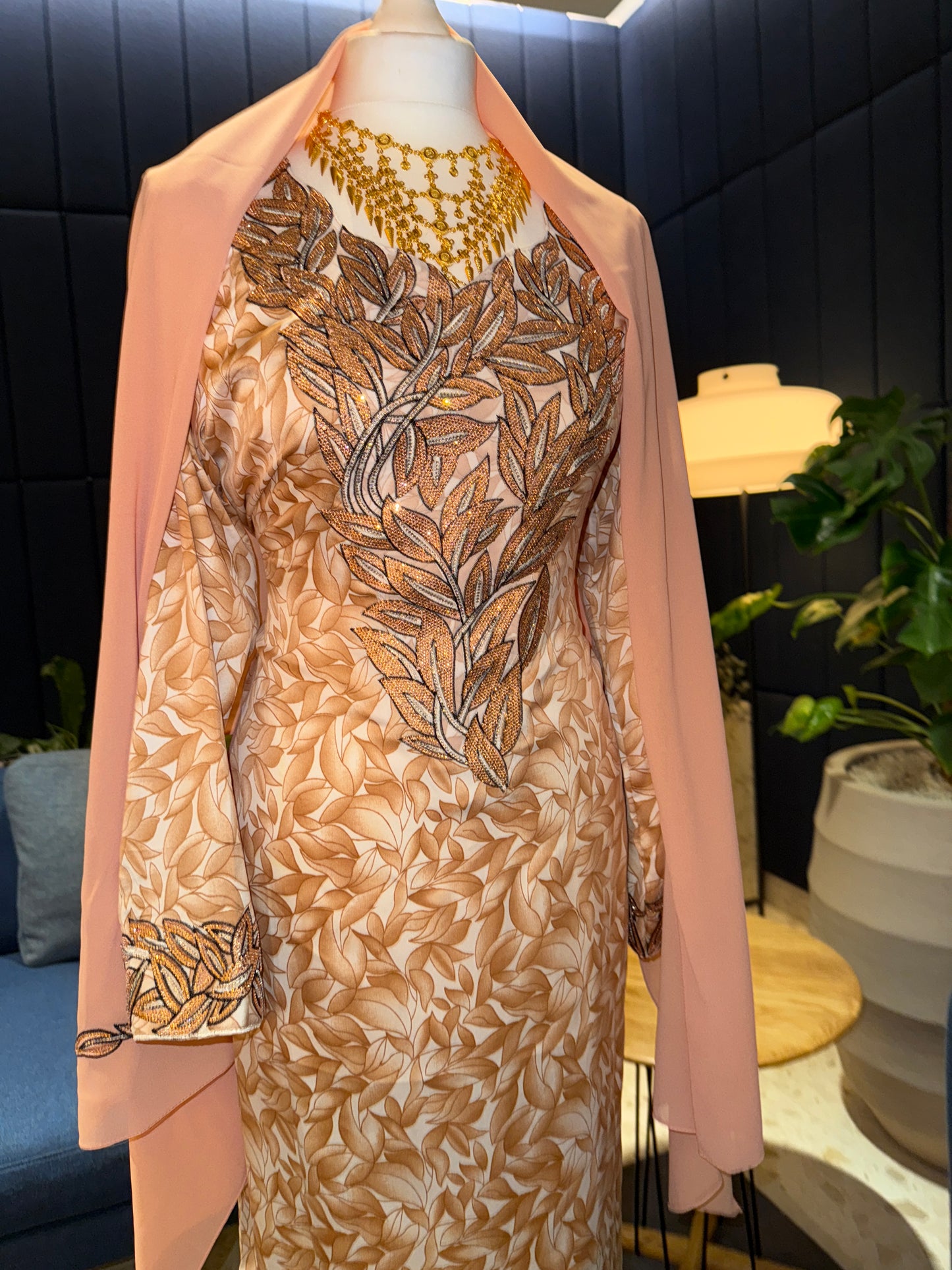 Peach mukhawar with hijab and corset back