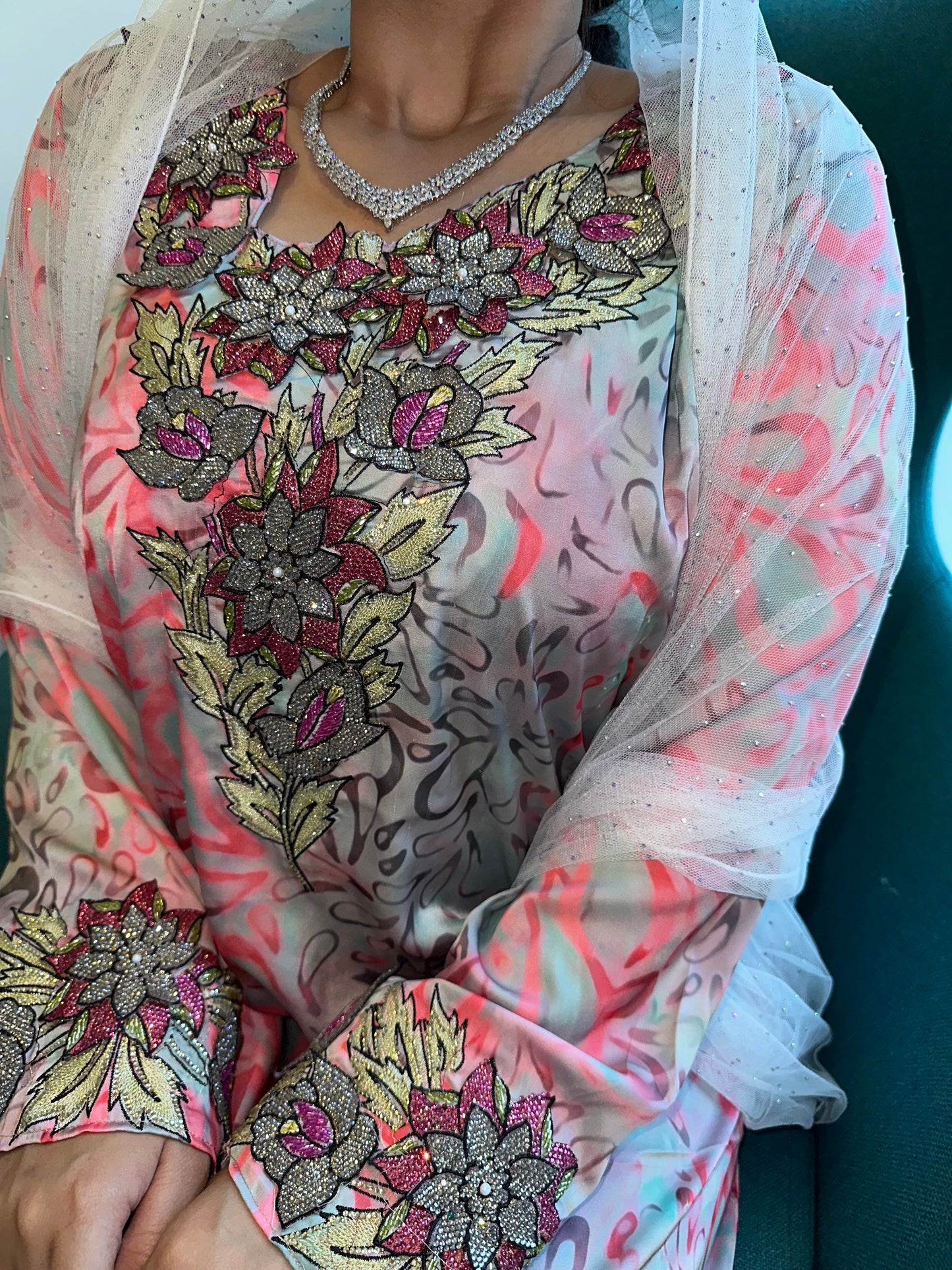 Pink and grey pure silk 3D mkhawar