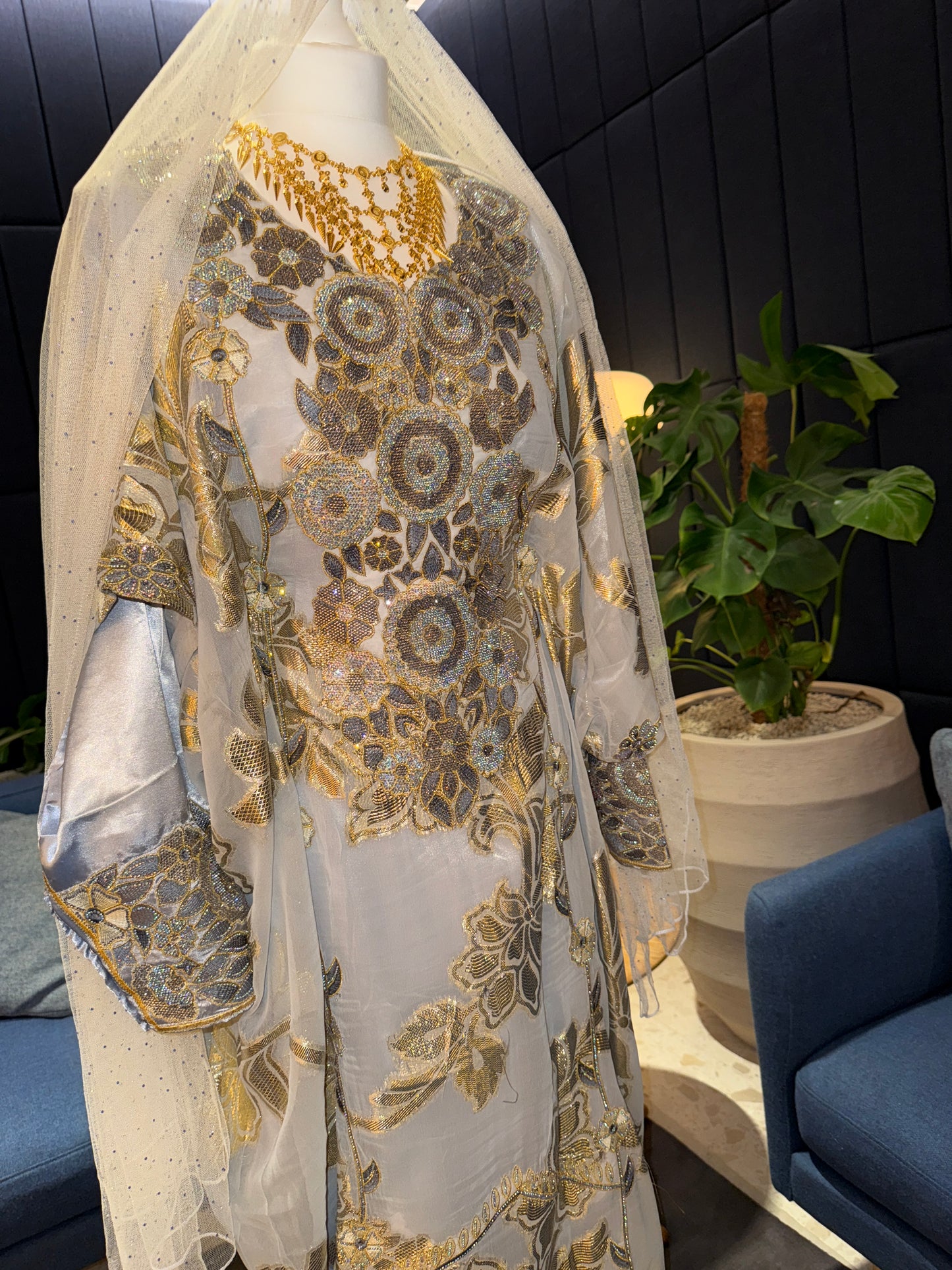 Grey/ blue sky Emirates Thobe with two pieces and belt inside