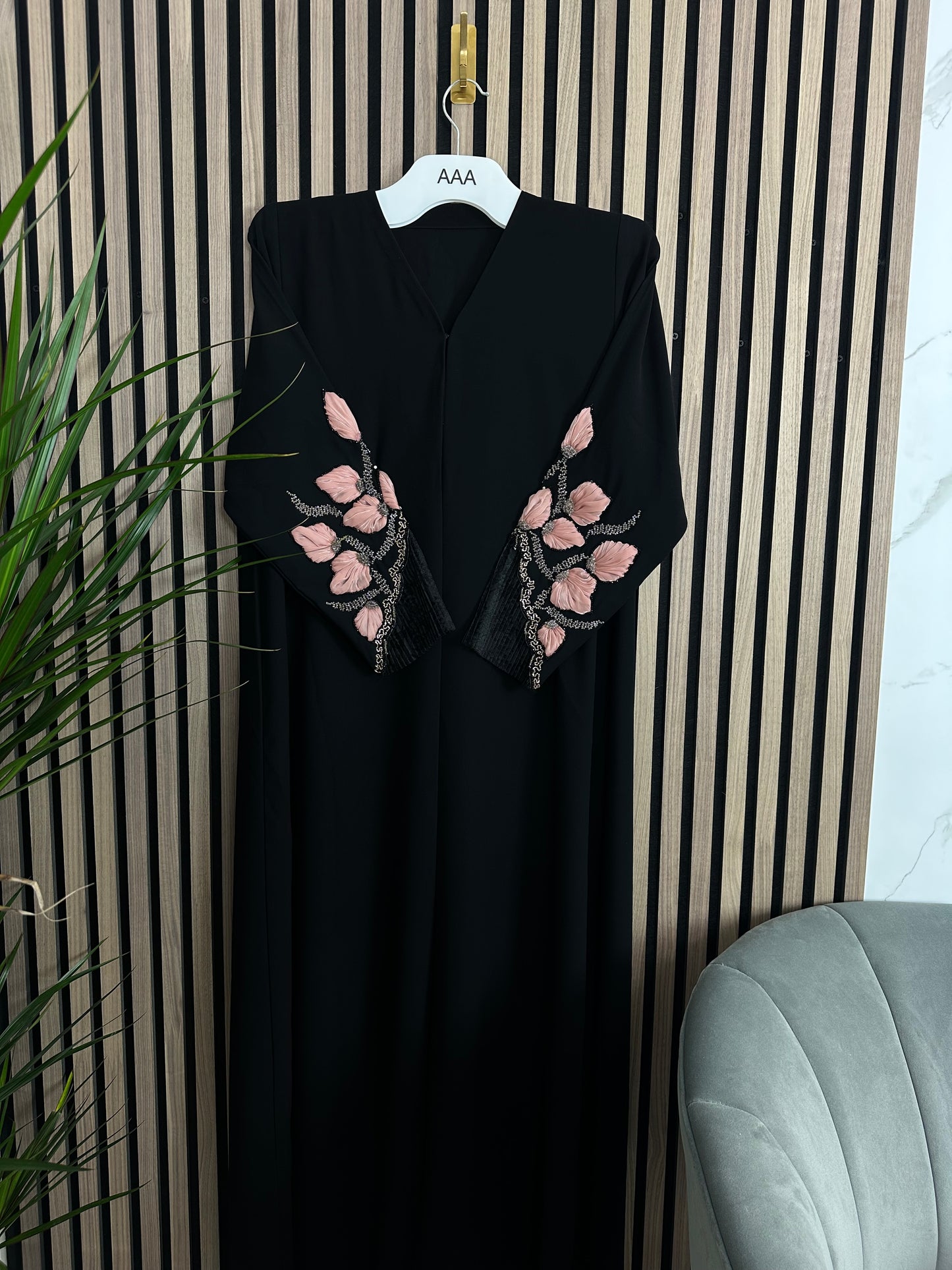 Black abaya with matching Shiela with handmade work on the sleeves