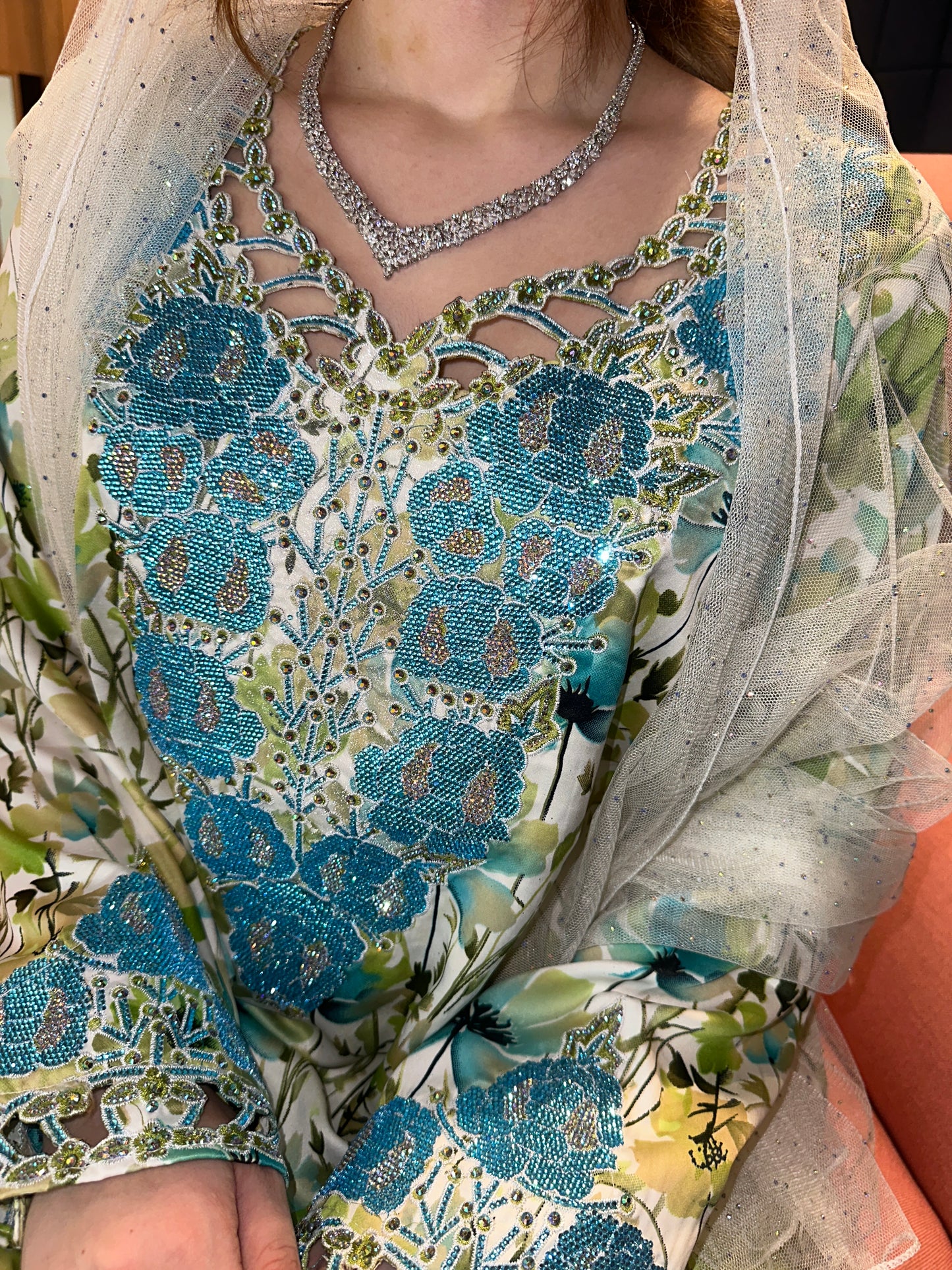 Pink, green. Turquoise and orange mukhawar