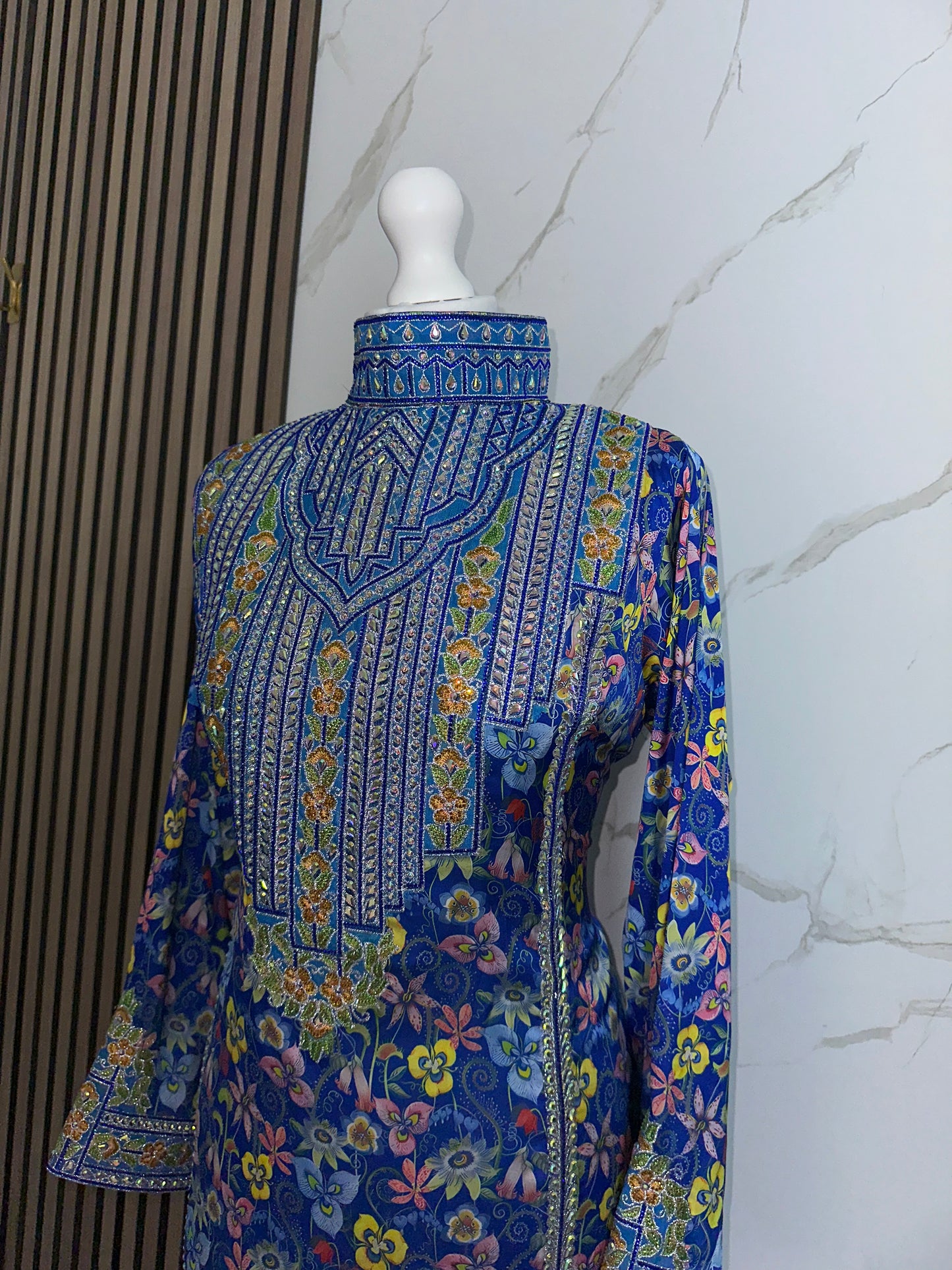 Blue high neck mkhawar premium silk