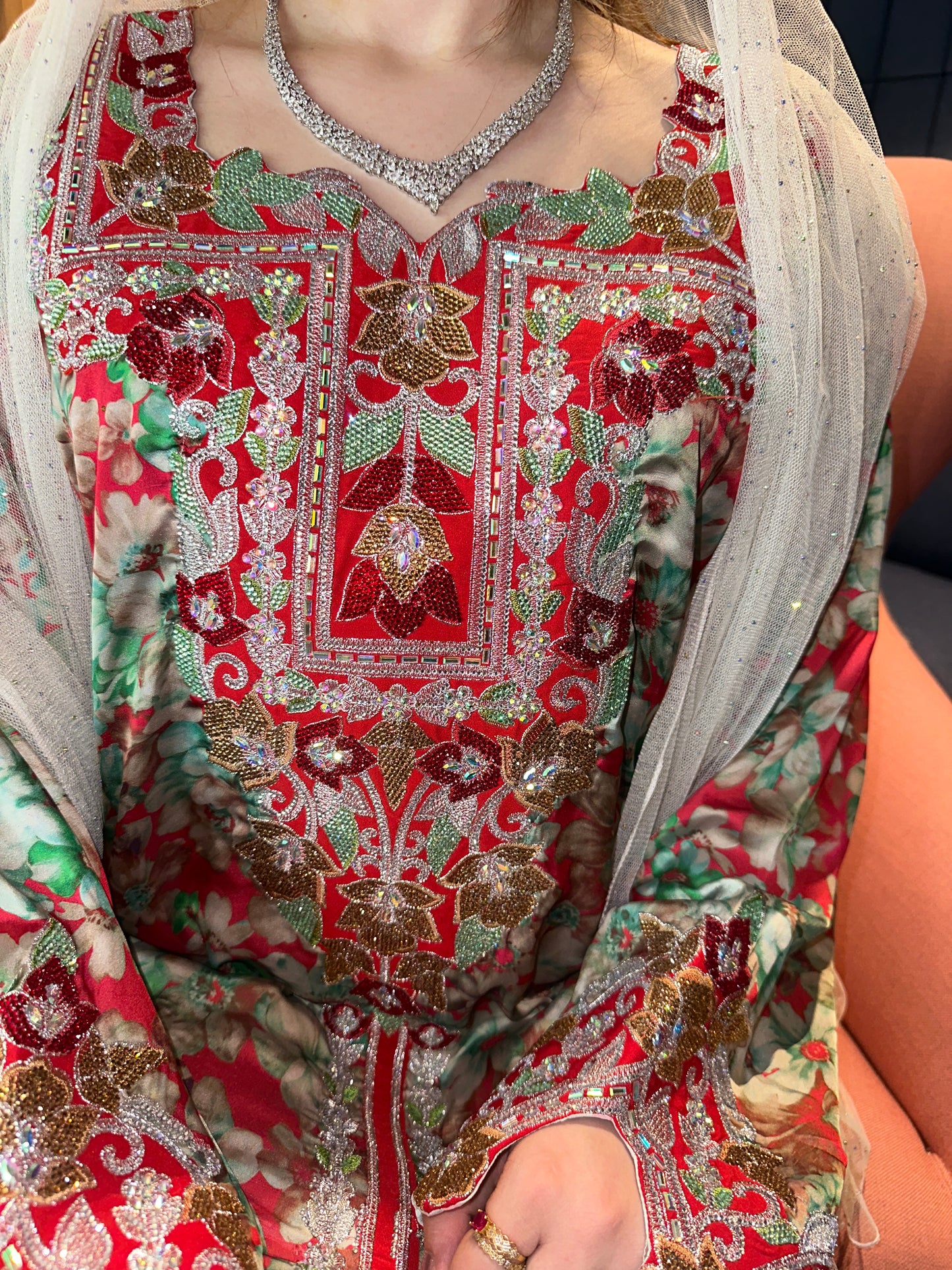 Red Laila pure silk mkhwar with corset back and hachiyah with white chiffon Sheila