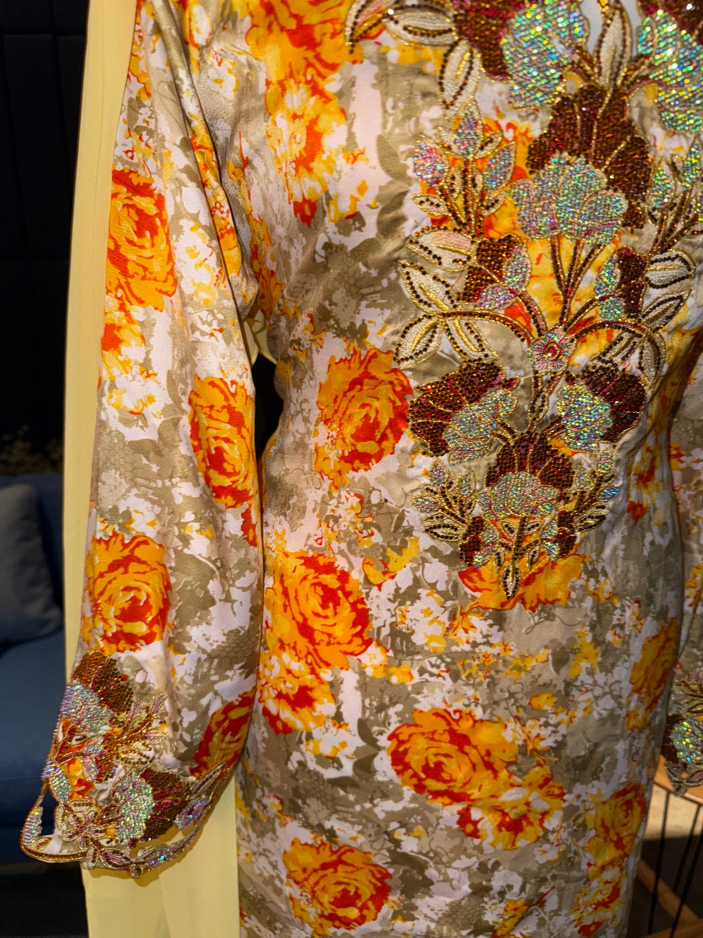 Orange and yellow mkhawar with matching Sheila hijab