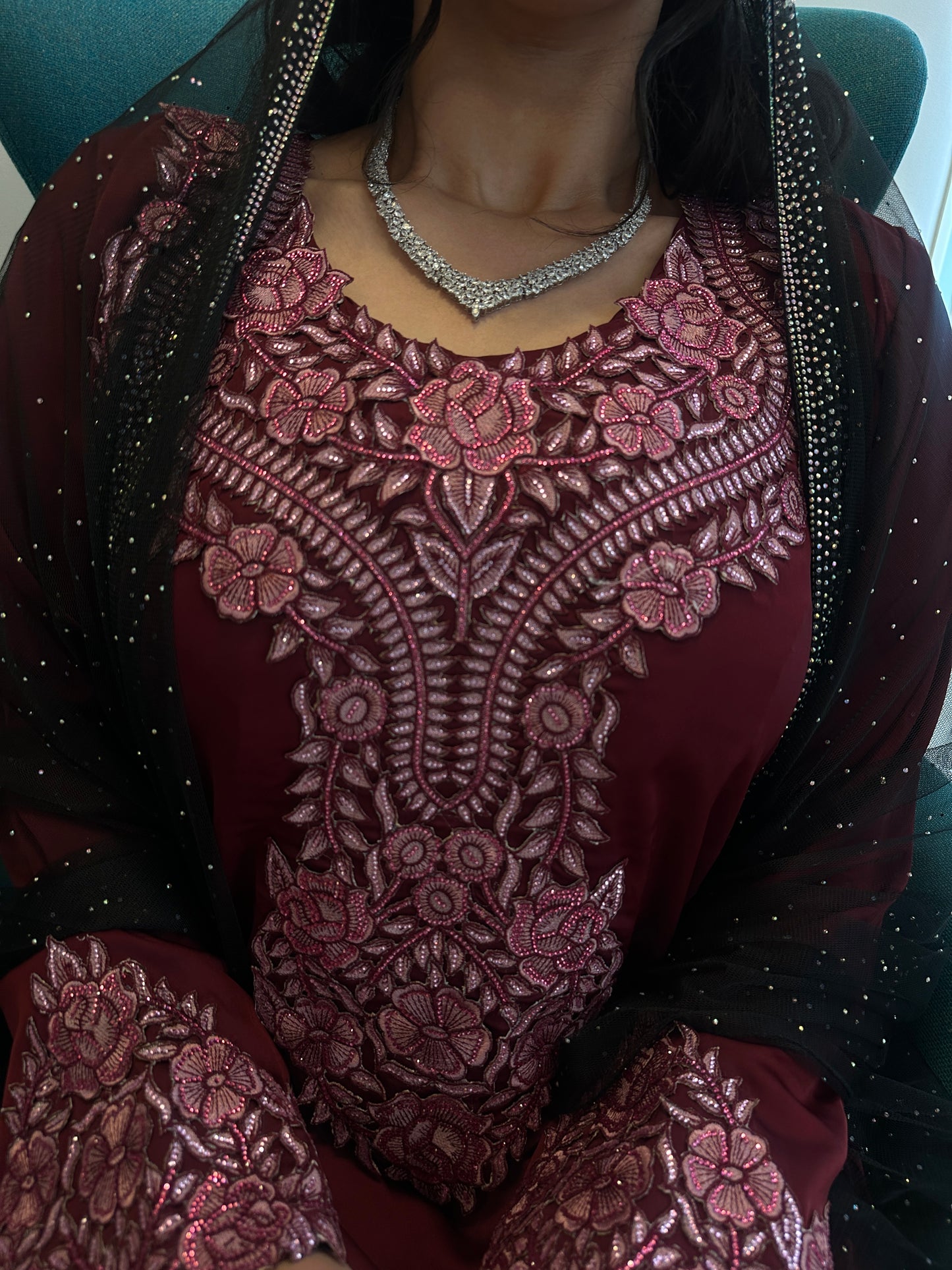 Burgundy silk mkhawar