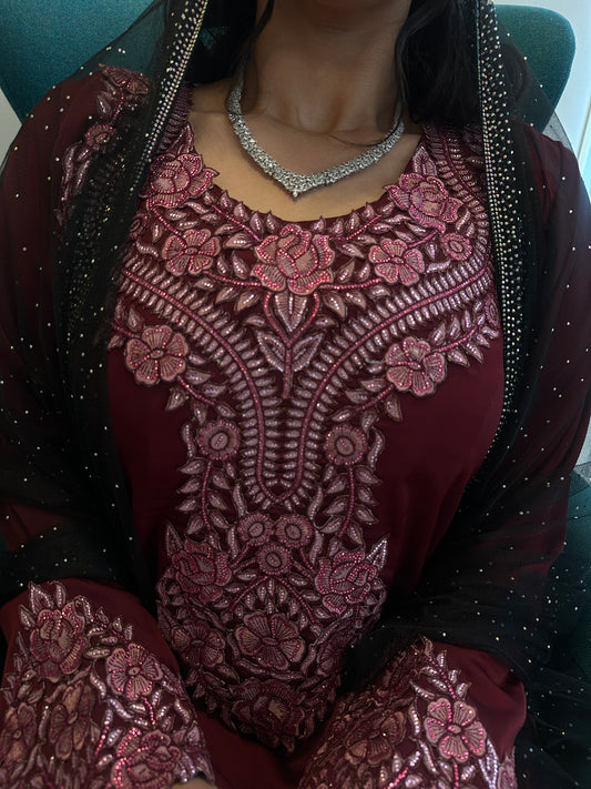 Burgundy silk mkhawar