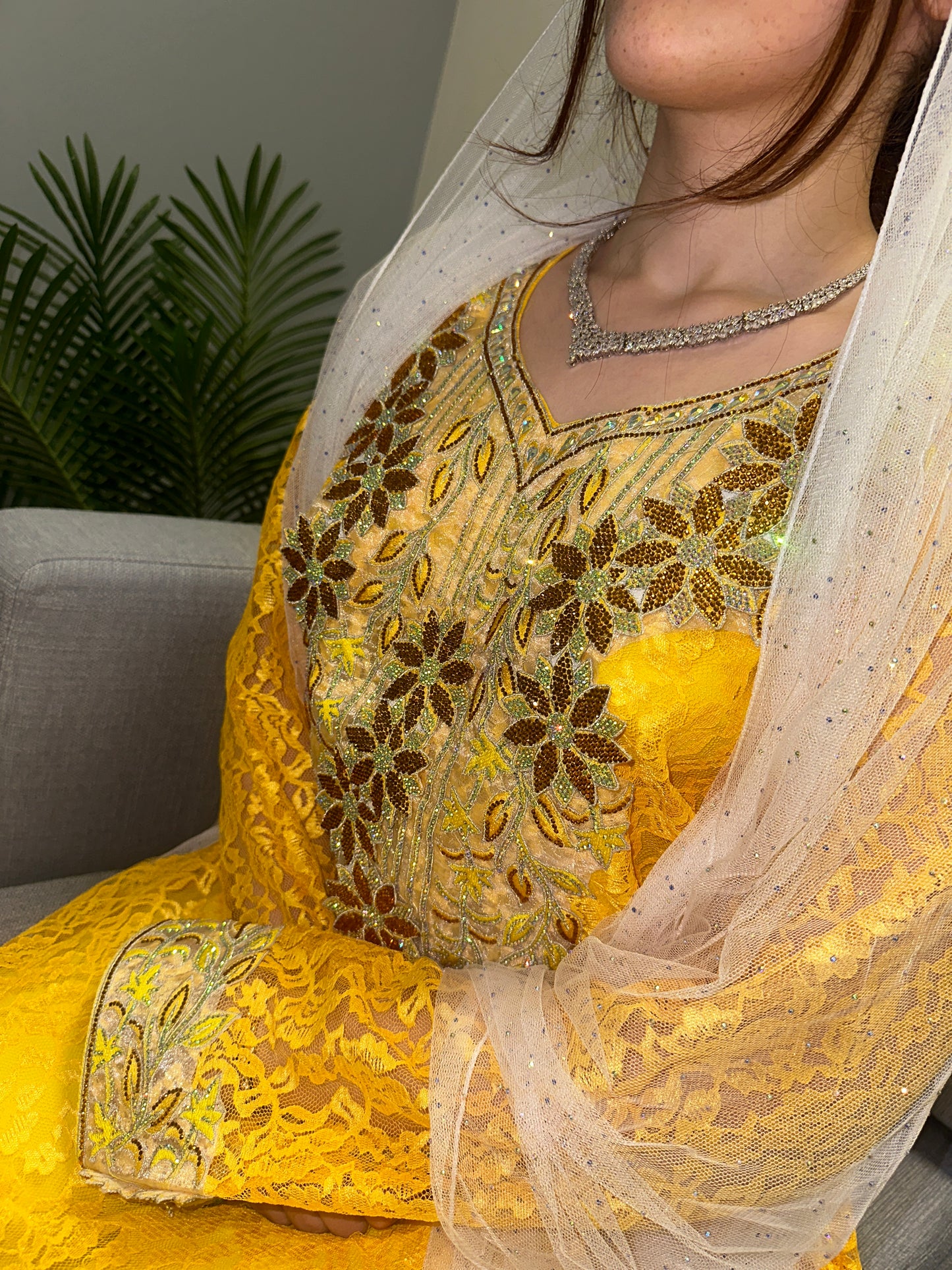 Mustard yellow lace mkhawar