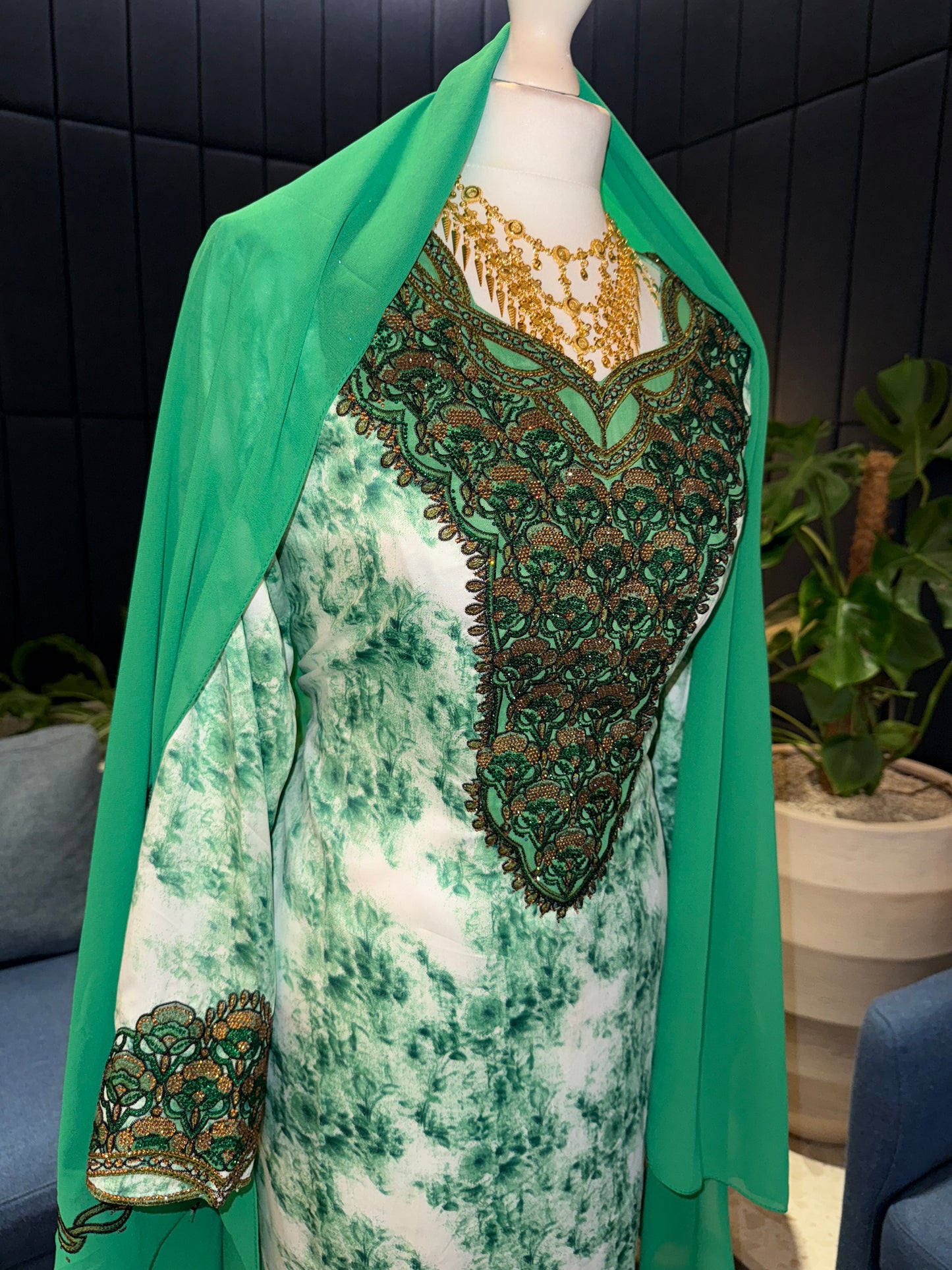 Green mukhawar with hijab and corset back