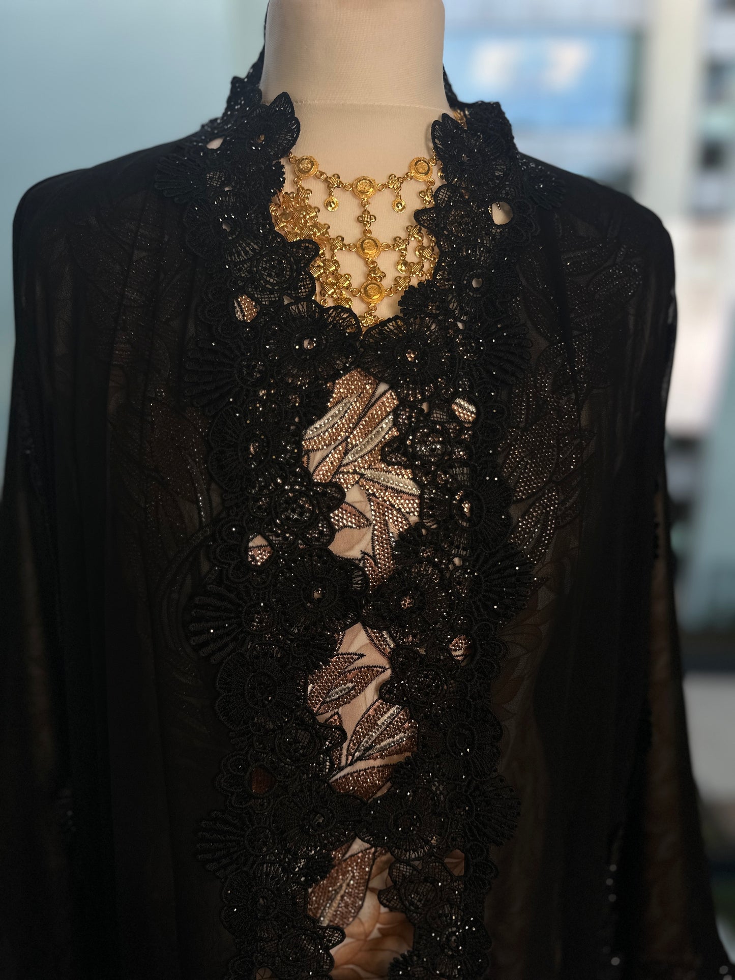Black chiffon flowers abaya with hijab included