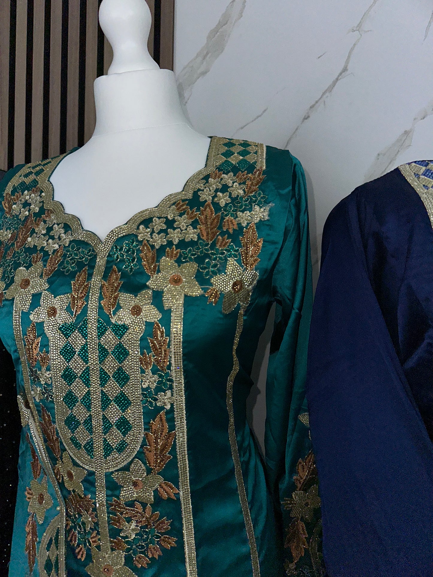 Turquoise color mkhawar silk material