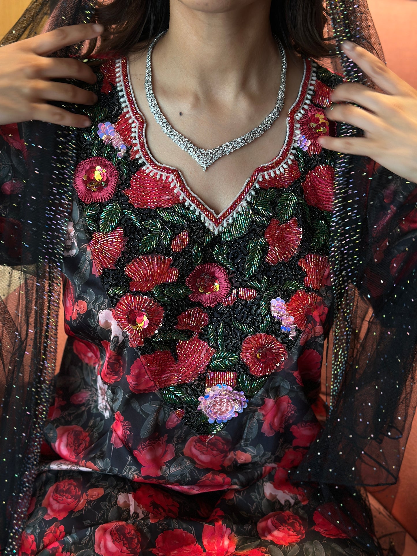 Black and red bead mkhawar pure silk with back corset and chiffon Sheila