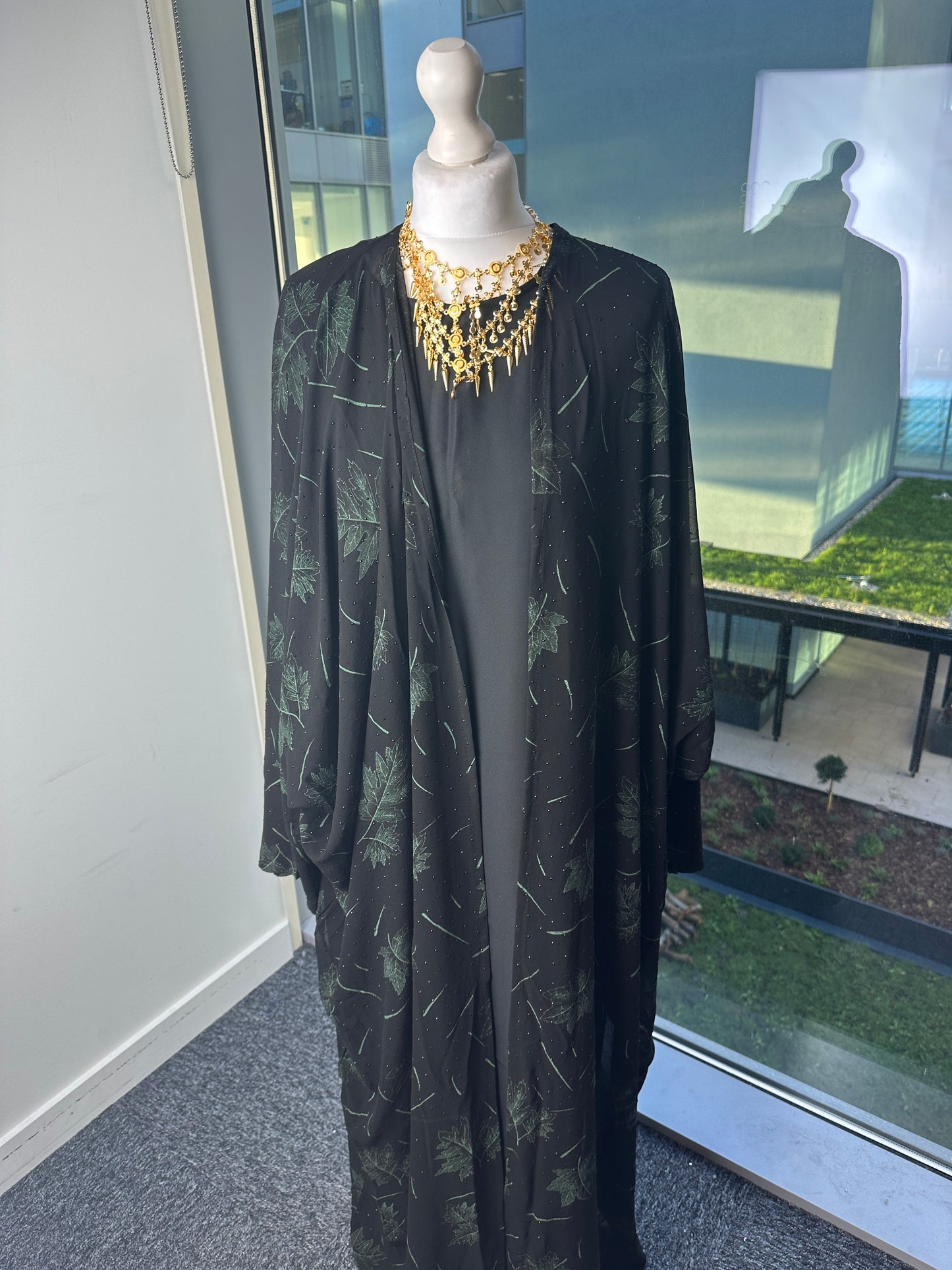 Green leaf chiffon winged sleeve abaya with matching Sheila