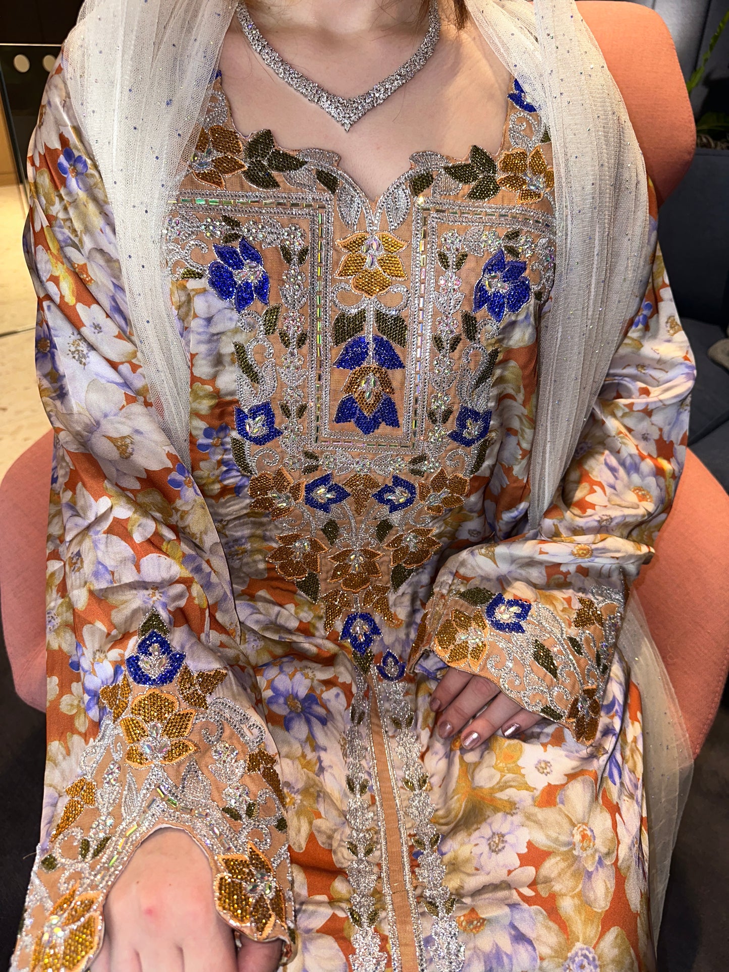Cream Laila pure silk mkhwar with corset back and hachiyah with white chiffon Sheila