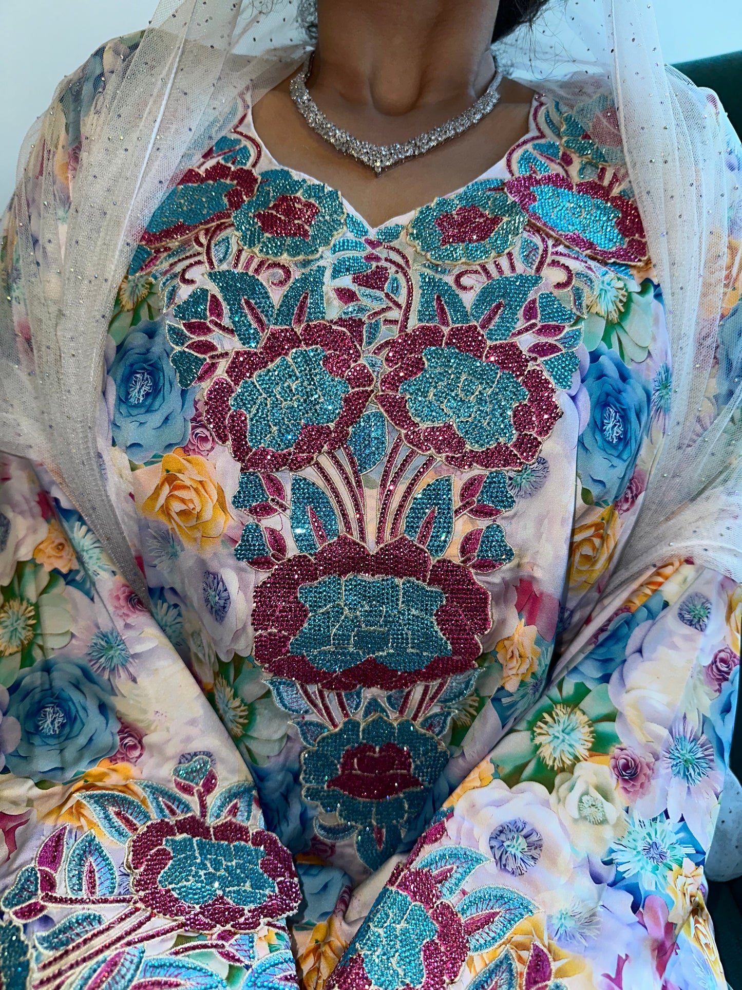 Floral with purple and blue pure silk mkhawar