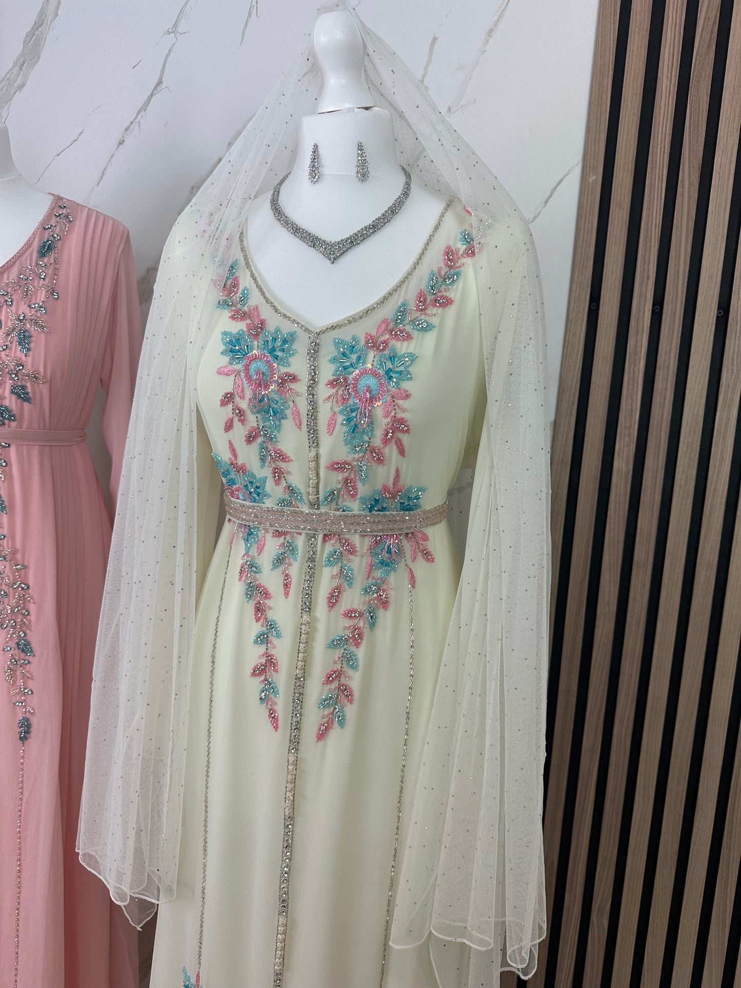 Creamy caftan dress with creamy Sheila fully handmade work