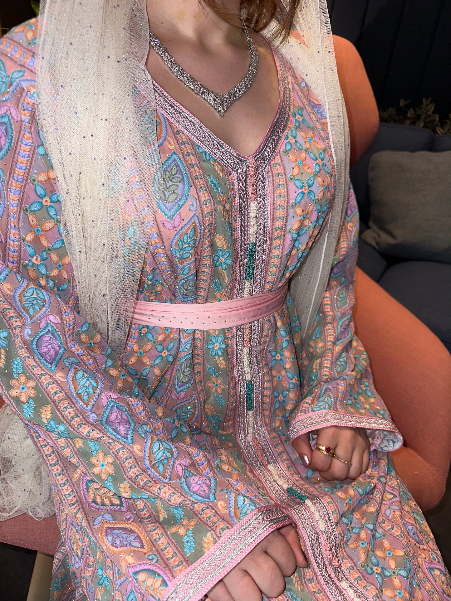 Pink and purple Moroccan kaftan with belt and chiffon Shiela