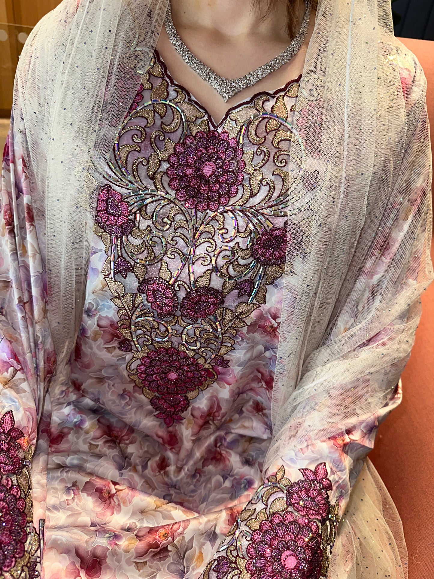 Pink floral silk mkhwar with corset and chiffon Sheila