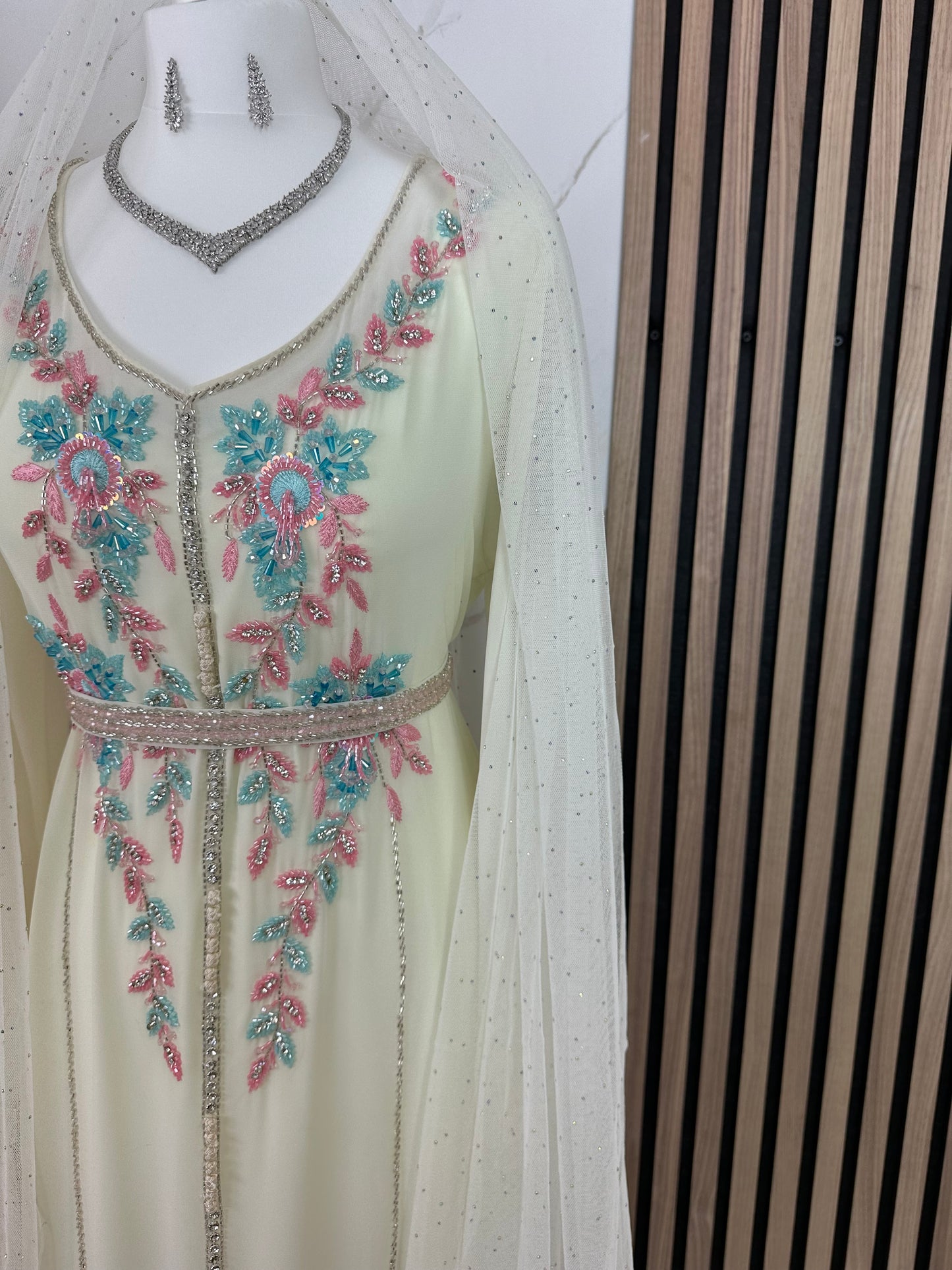 Creamy caftan dress with creamy Sheila fully handmade work