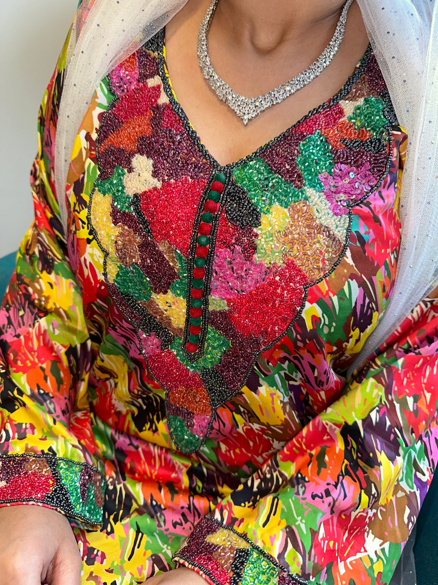 Red and yellow beaded mkhawar with corset