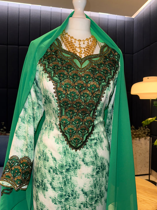 Green mukhawar with hijab and corset back