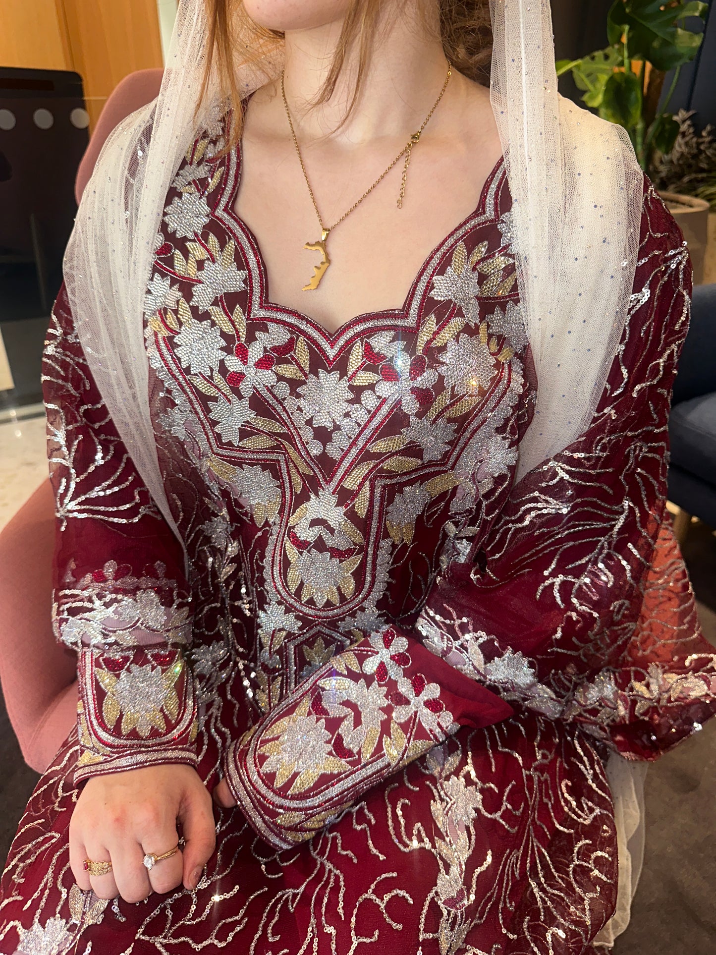 Burgundy and black Emirates Thobe with chiffon Sheila