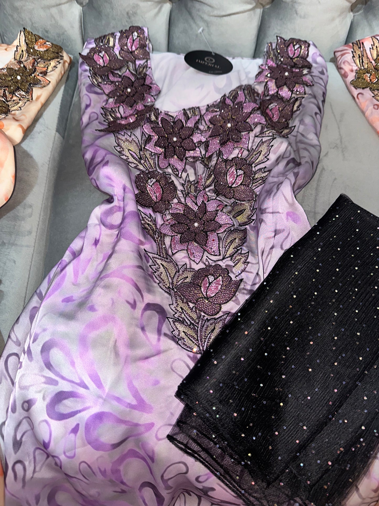 Creamy, green, purple and rose 3D mkhawars with corset and chiffon Sheila